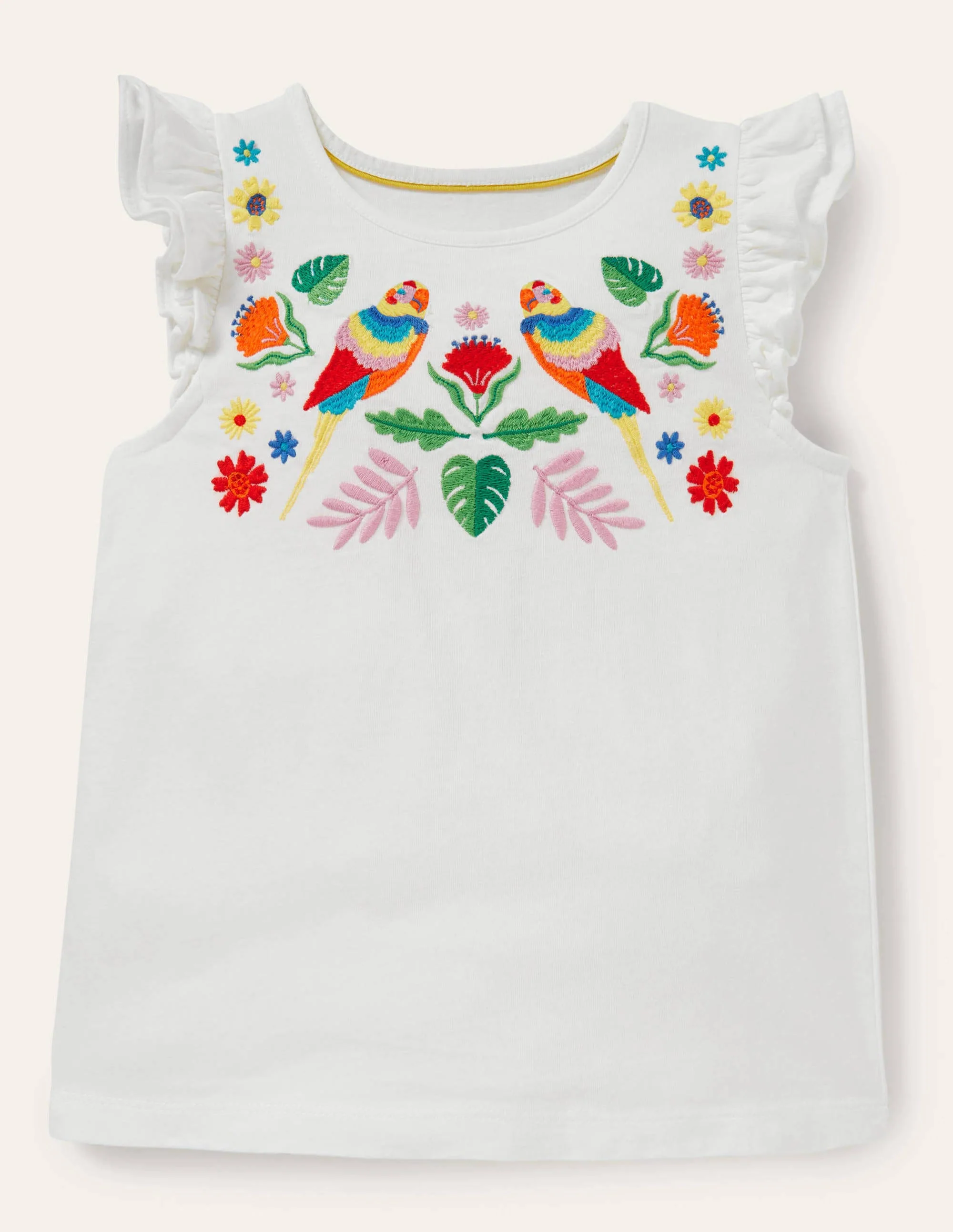 Ruffle Interest Logo T-shirt-Ivory Floral Parrot