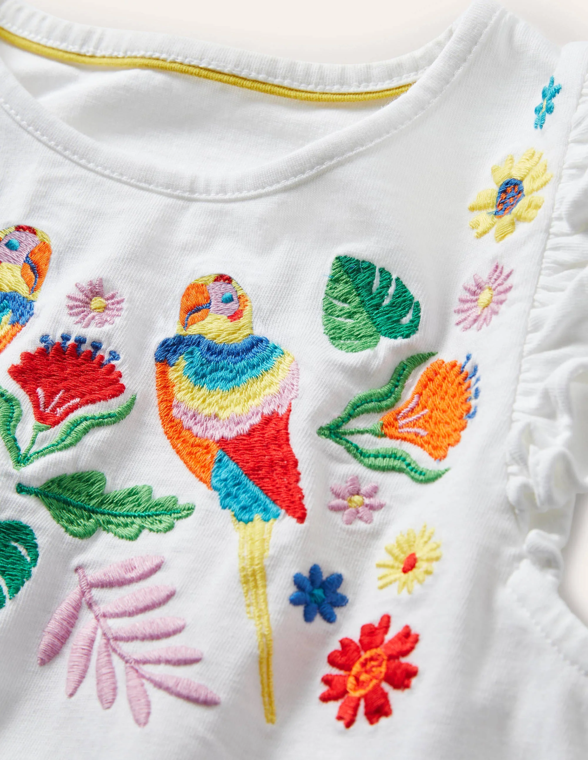Ruffle Interest Logo T-shirt-Ivory Floral Parrot - Image 3