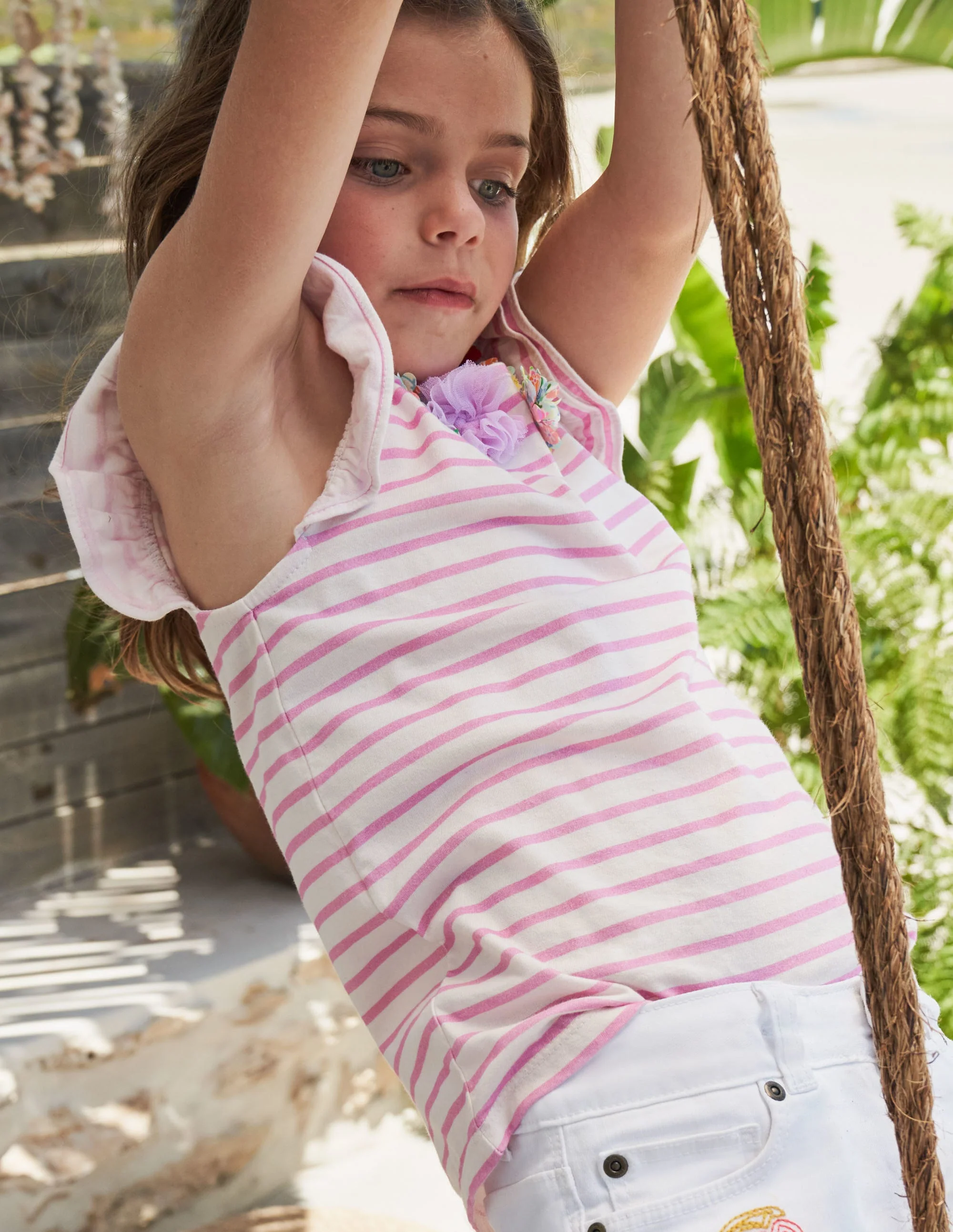 Ruffle Interest Logo T-shirt-Ivory / Rosebay Floral - Image 4
