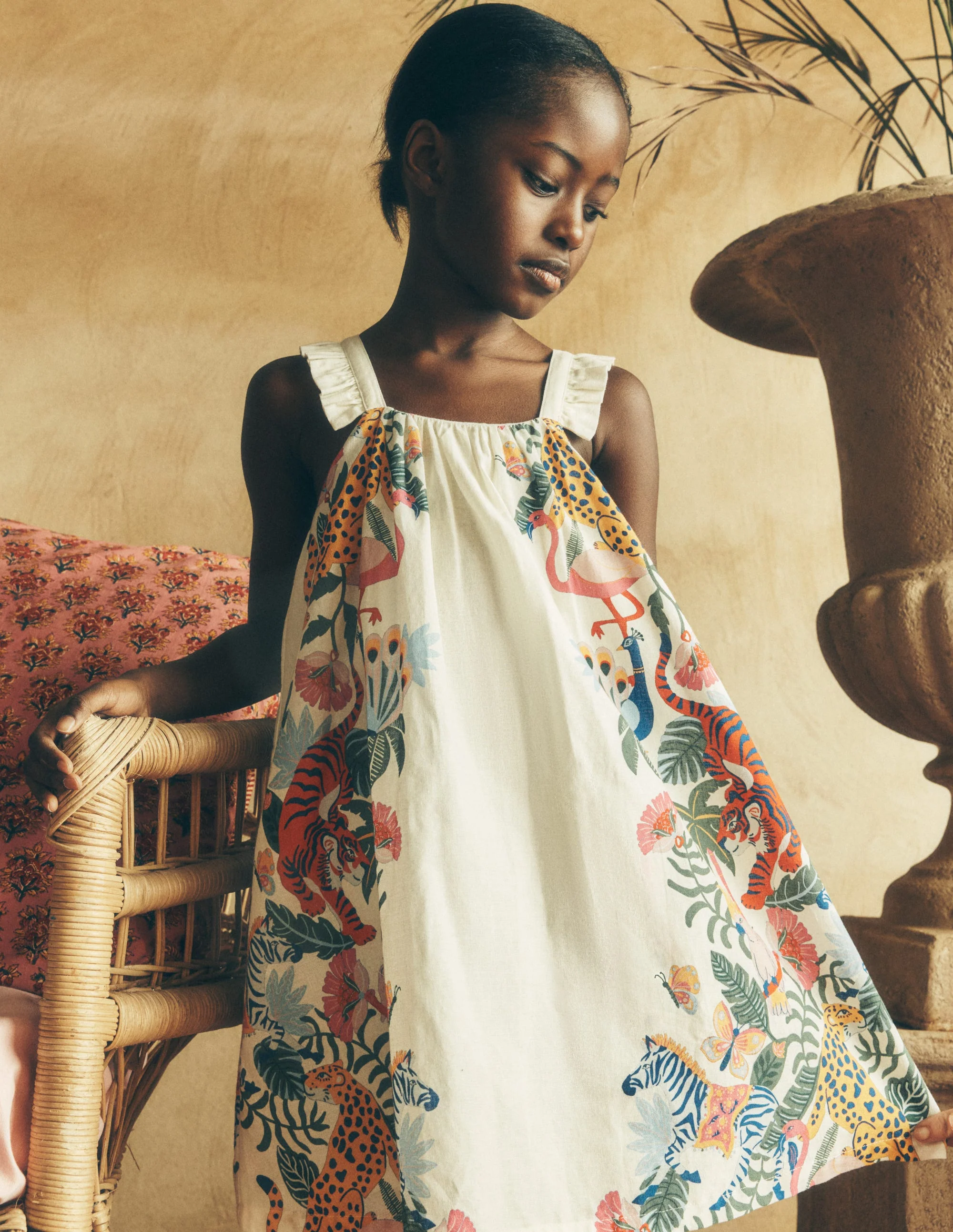 Ruffle Strap Sundress-Soft Ivory Jungle Placement