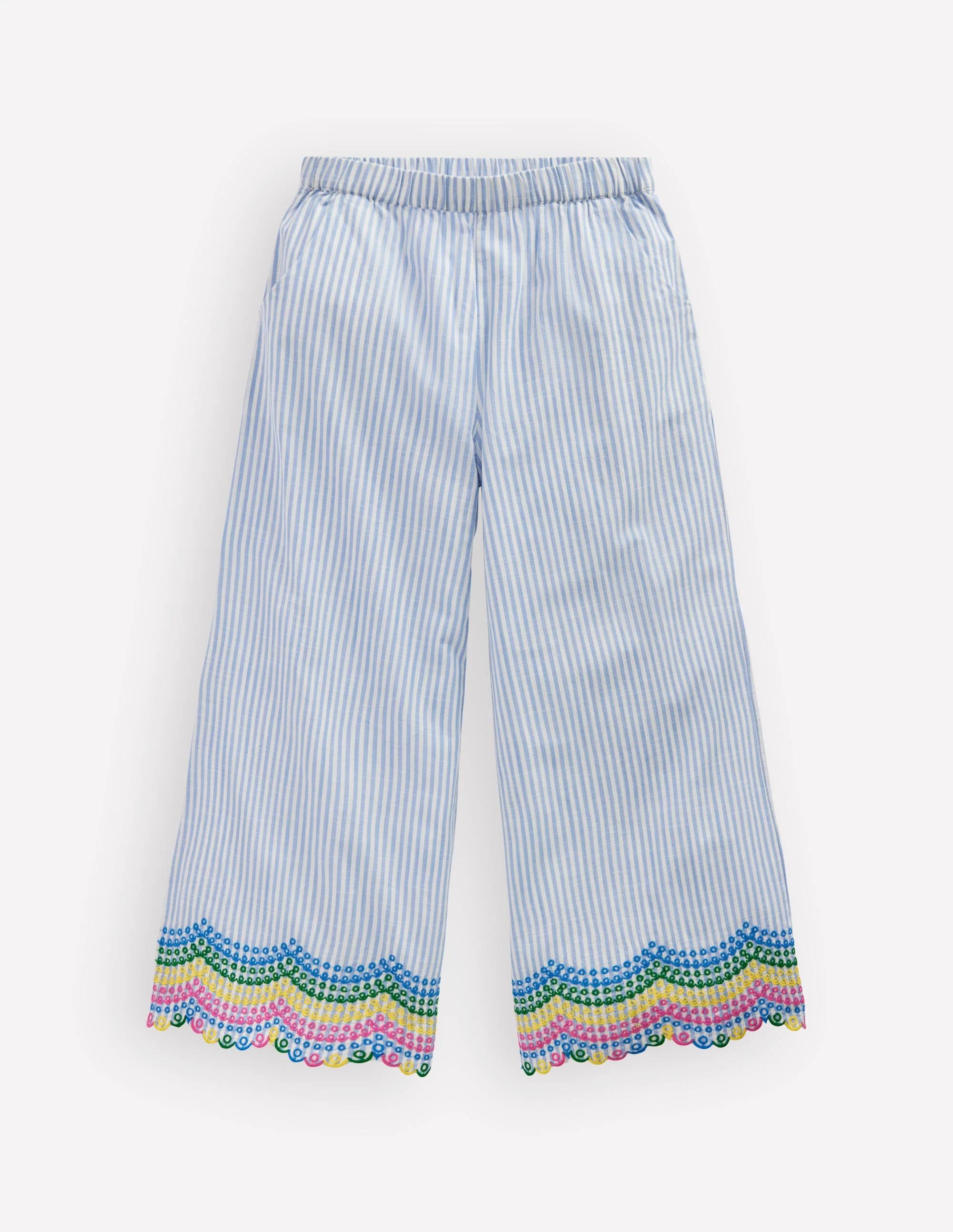 Scallop Hem Pants-Blue Ticking Rainbow