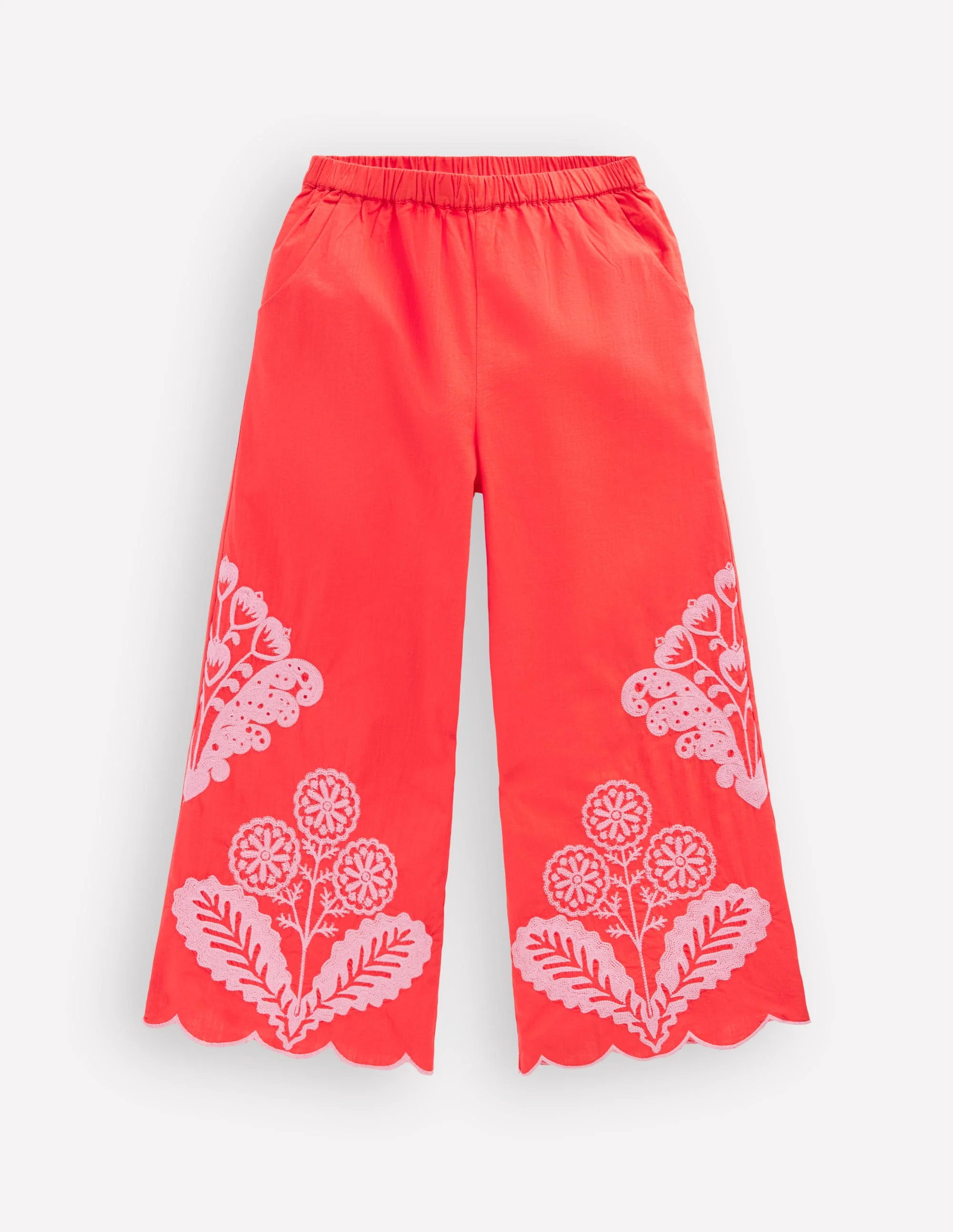 Scallop Hem Pants-Spicy Red Neon Embroidery