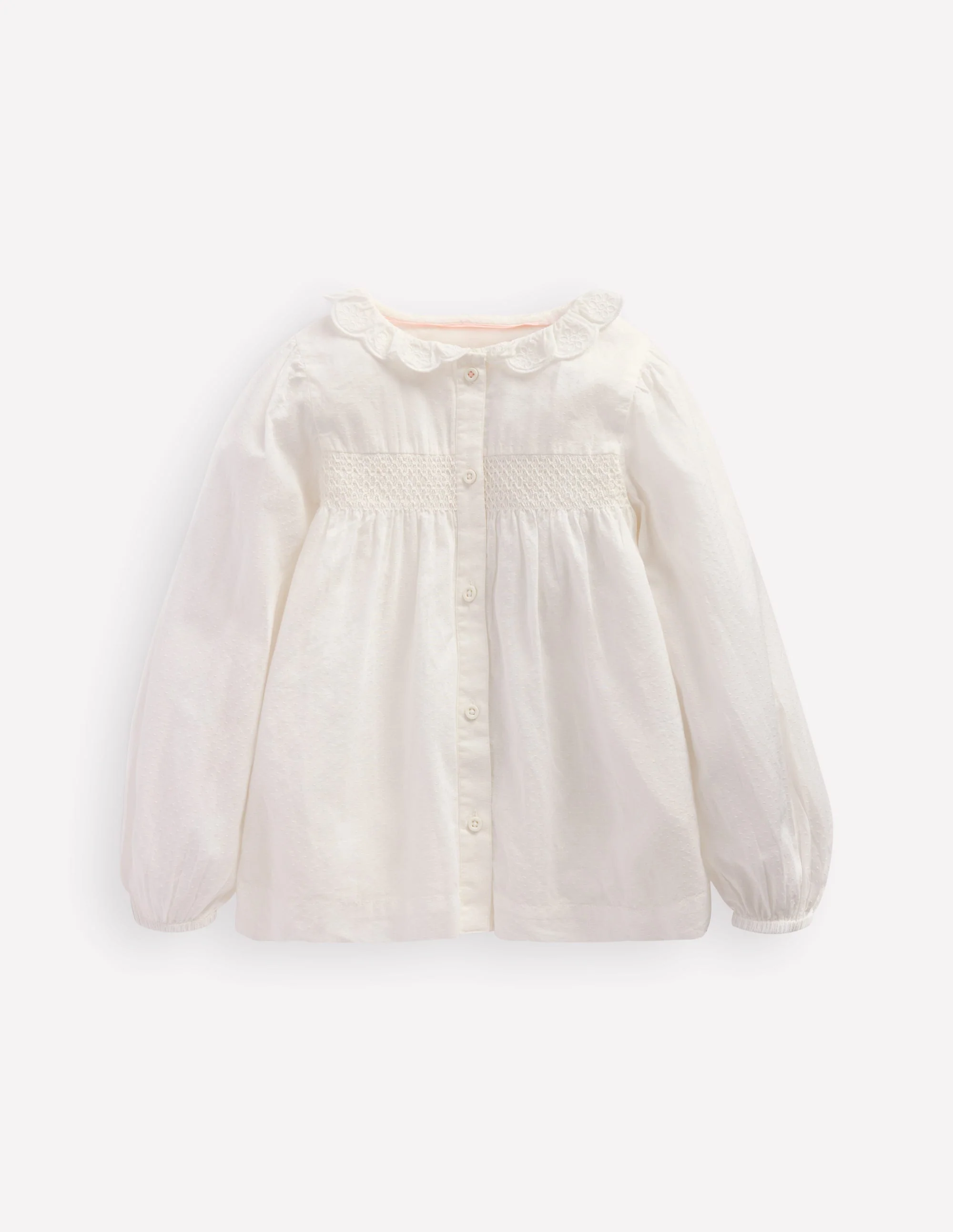 Scalloped Collar Smocked Shirt-Soft Ivory