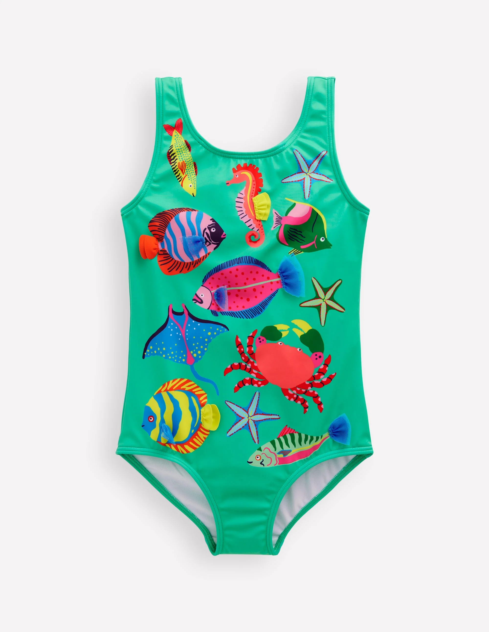 Scoop Back Appliqué Swimsuit-Aquamarine Blue Fish