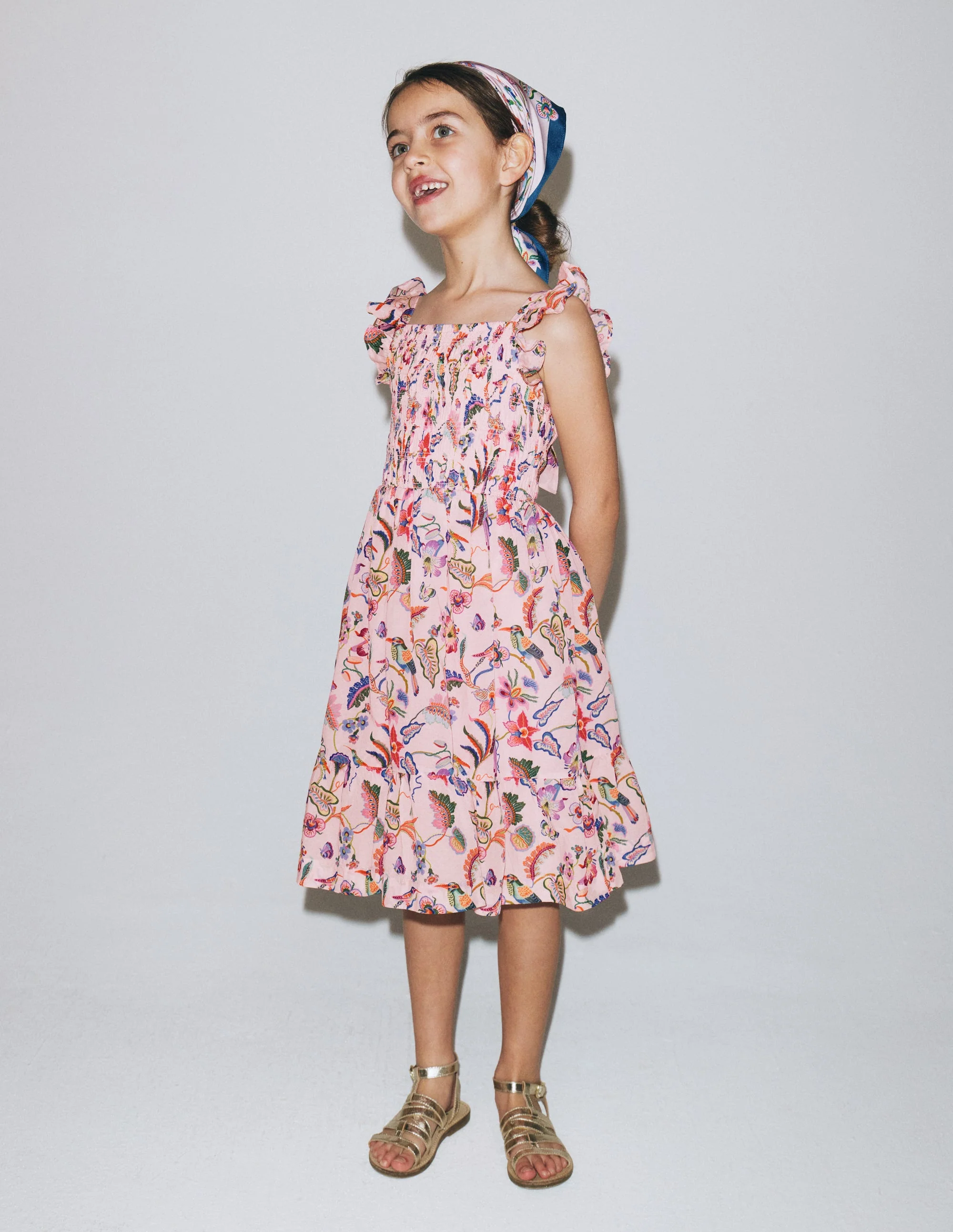 Shirred Bow Back Detail Dress-Multi Pink Floral