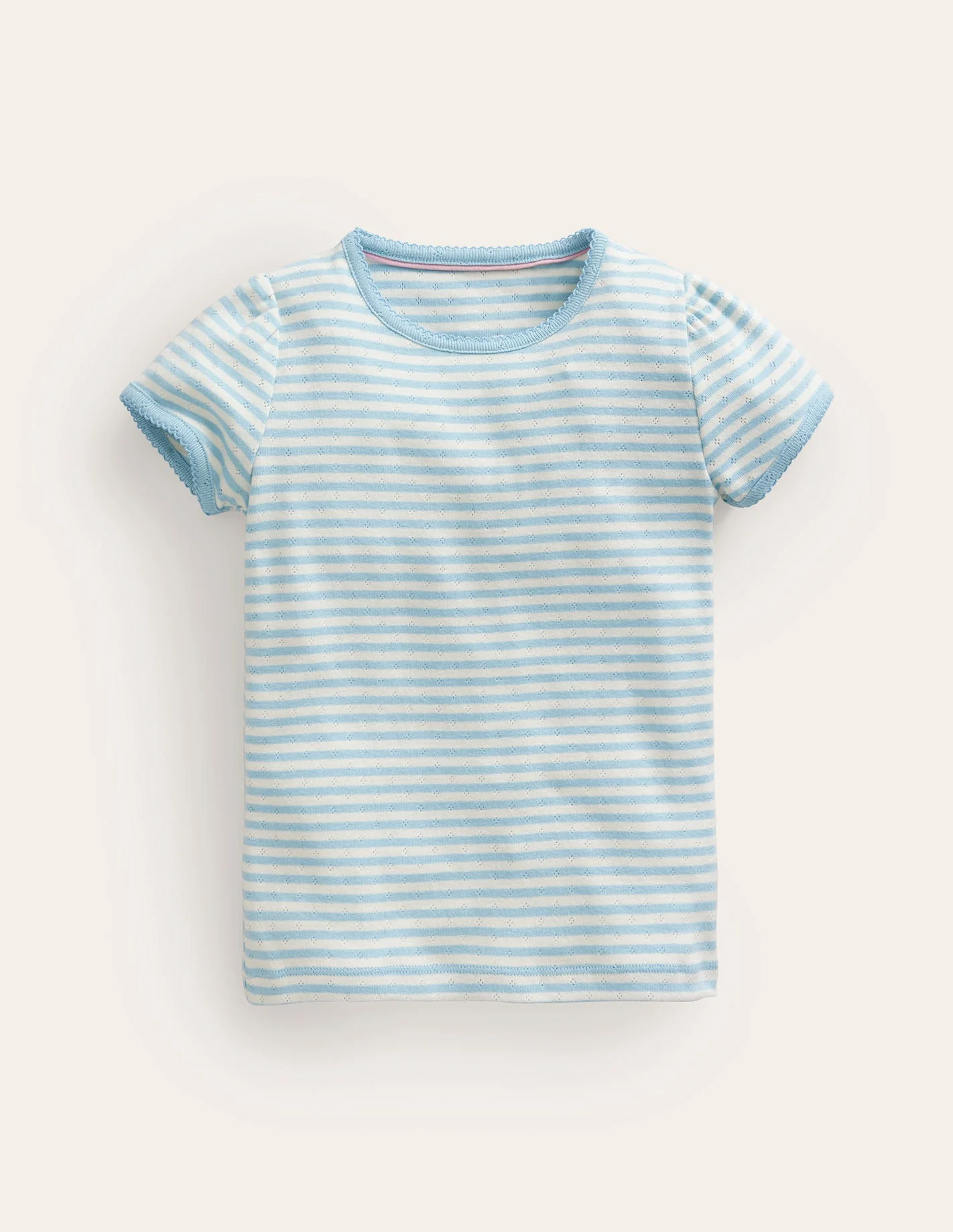Short Sleeve Pointelle Top-Light Celeste Blue/Soft Ivory