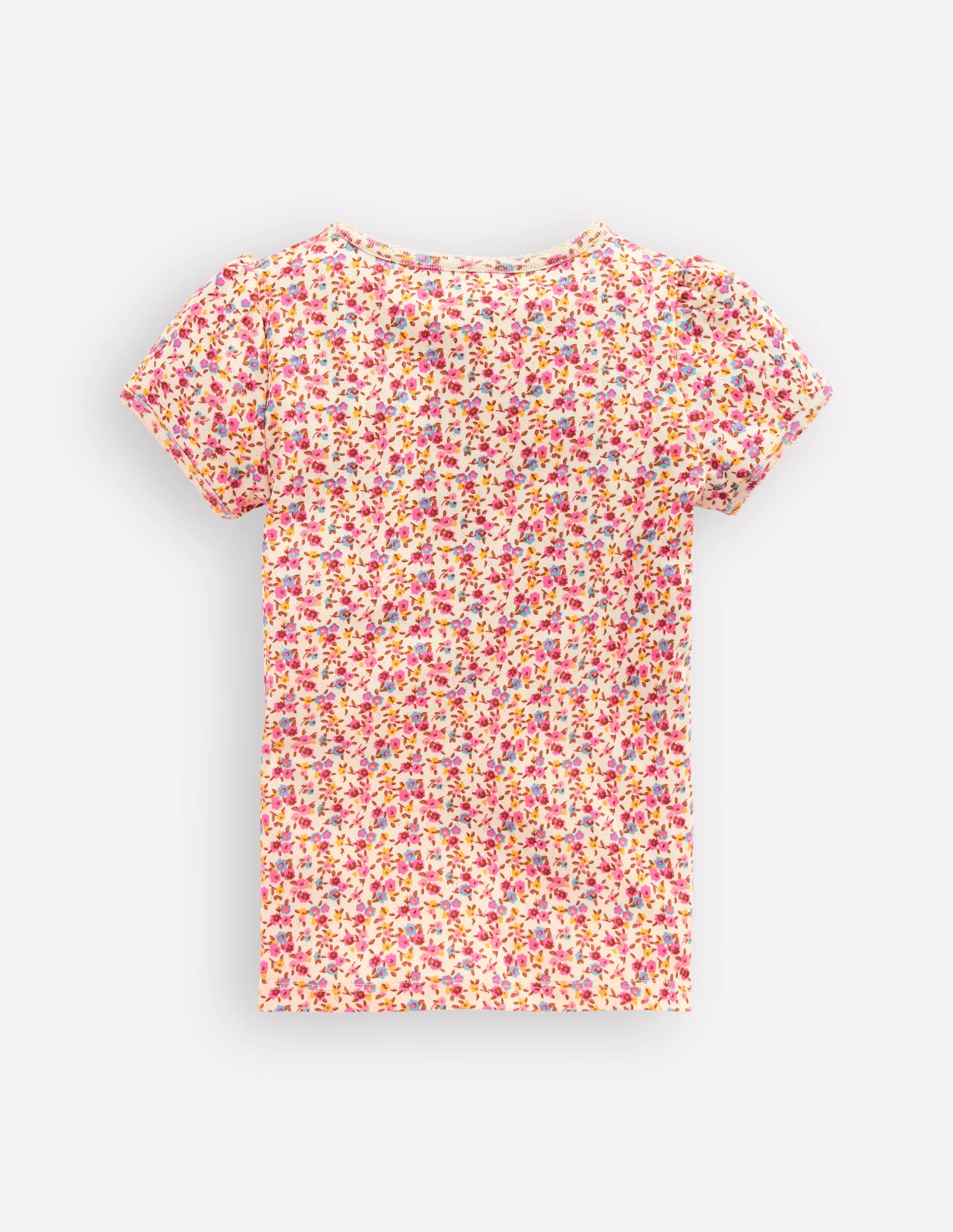 Short Sleeve Pointelle Top-Neon Pink Ditsy Floral - Image 2