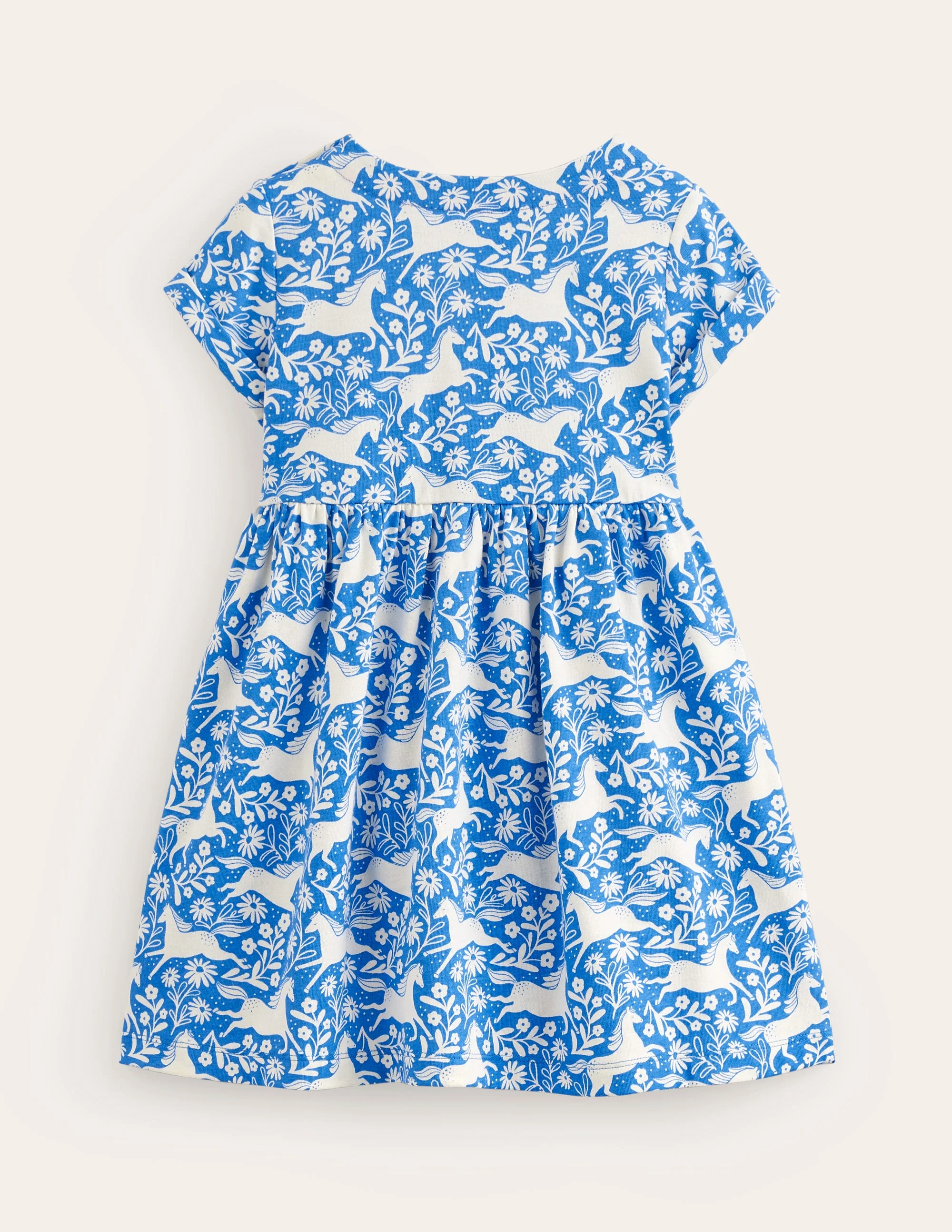 Short-sleeved Fun Jersey Dress-Peacock Plume Blue Horses - Image 2