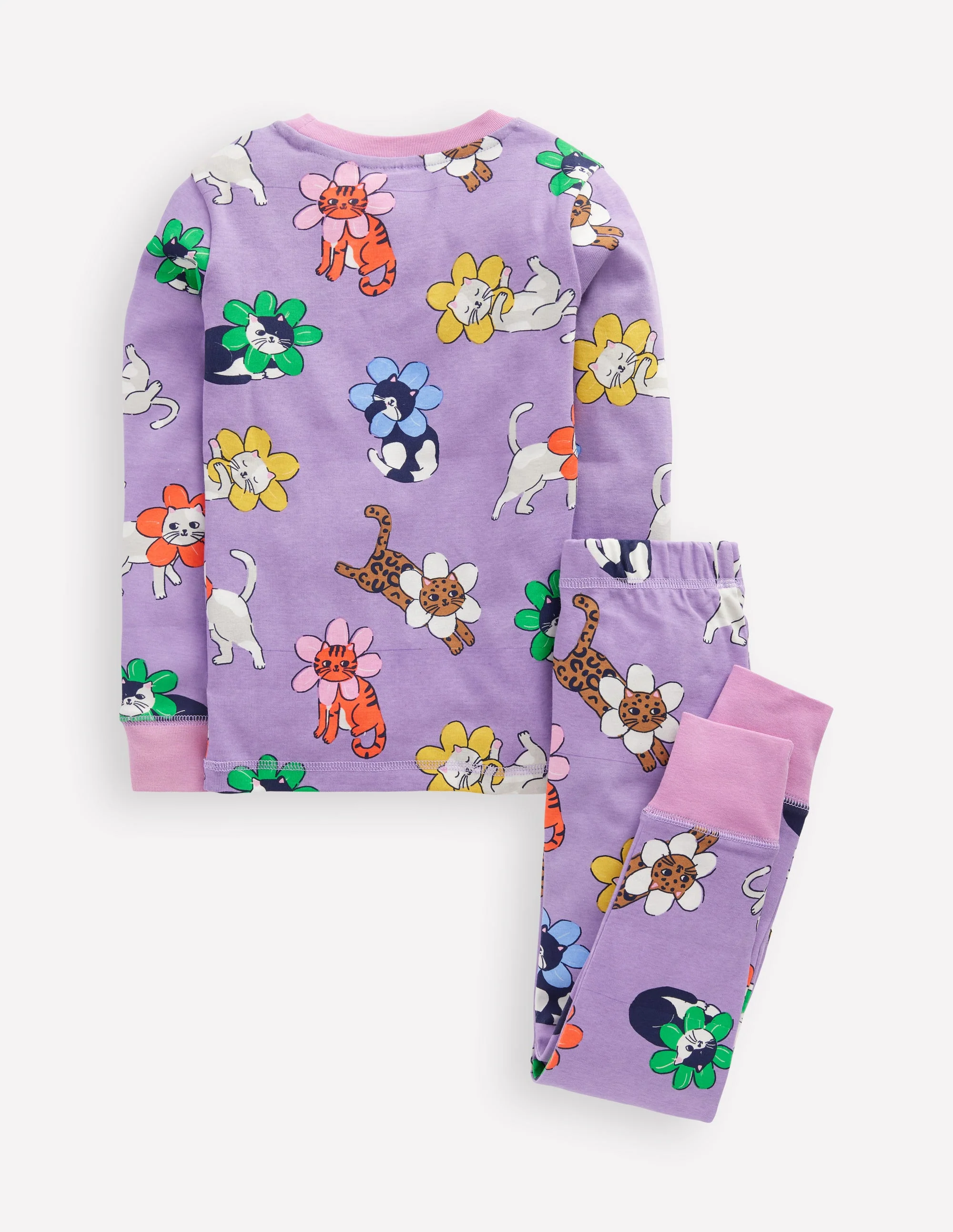 Snug Long John Pyjamas-Aster Purple Flower Cats - Image 2