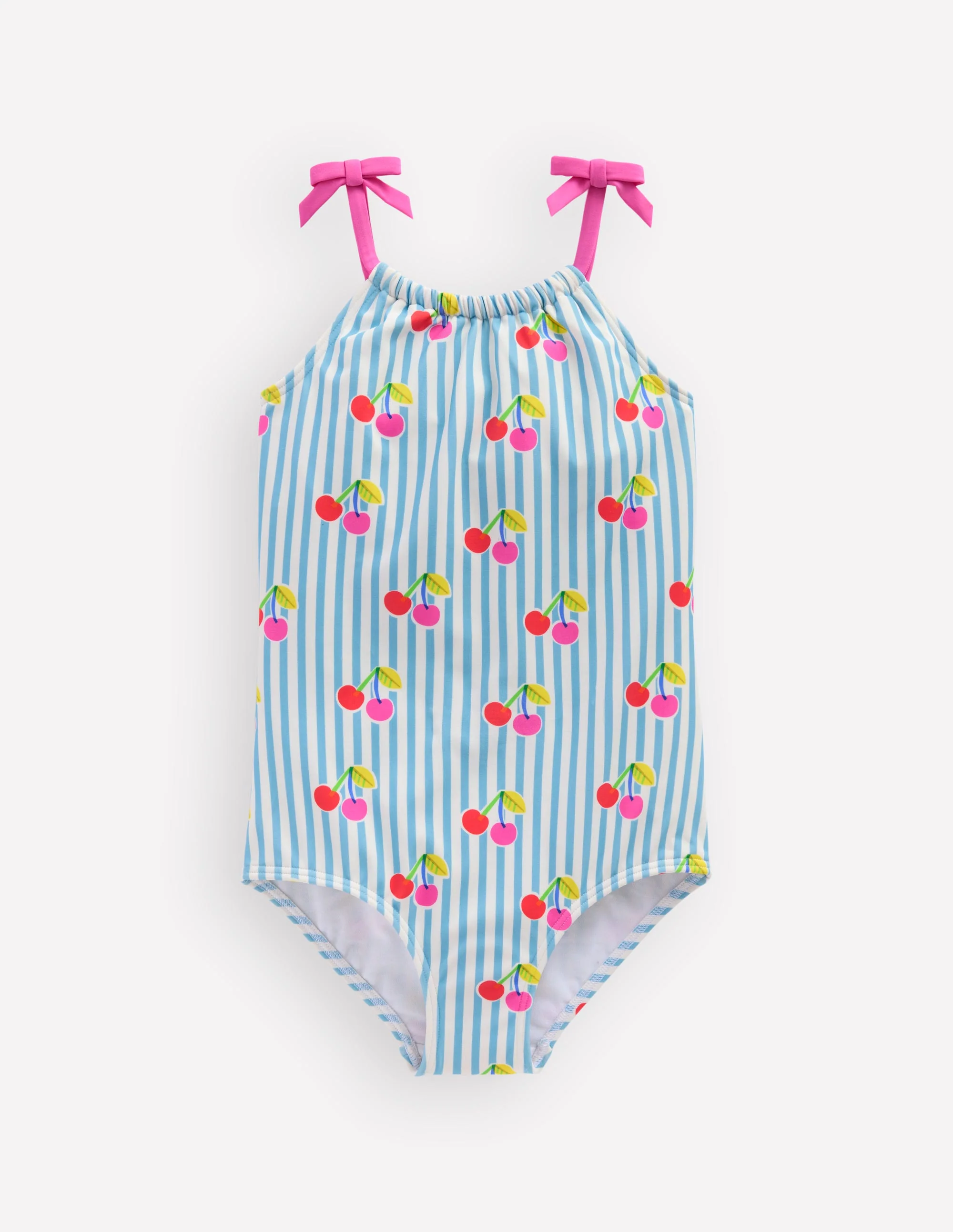Tie Shoulder Swimsuit-Cloud Blue Stripe Cherries - Image 3