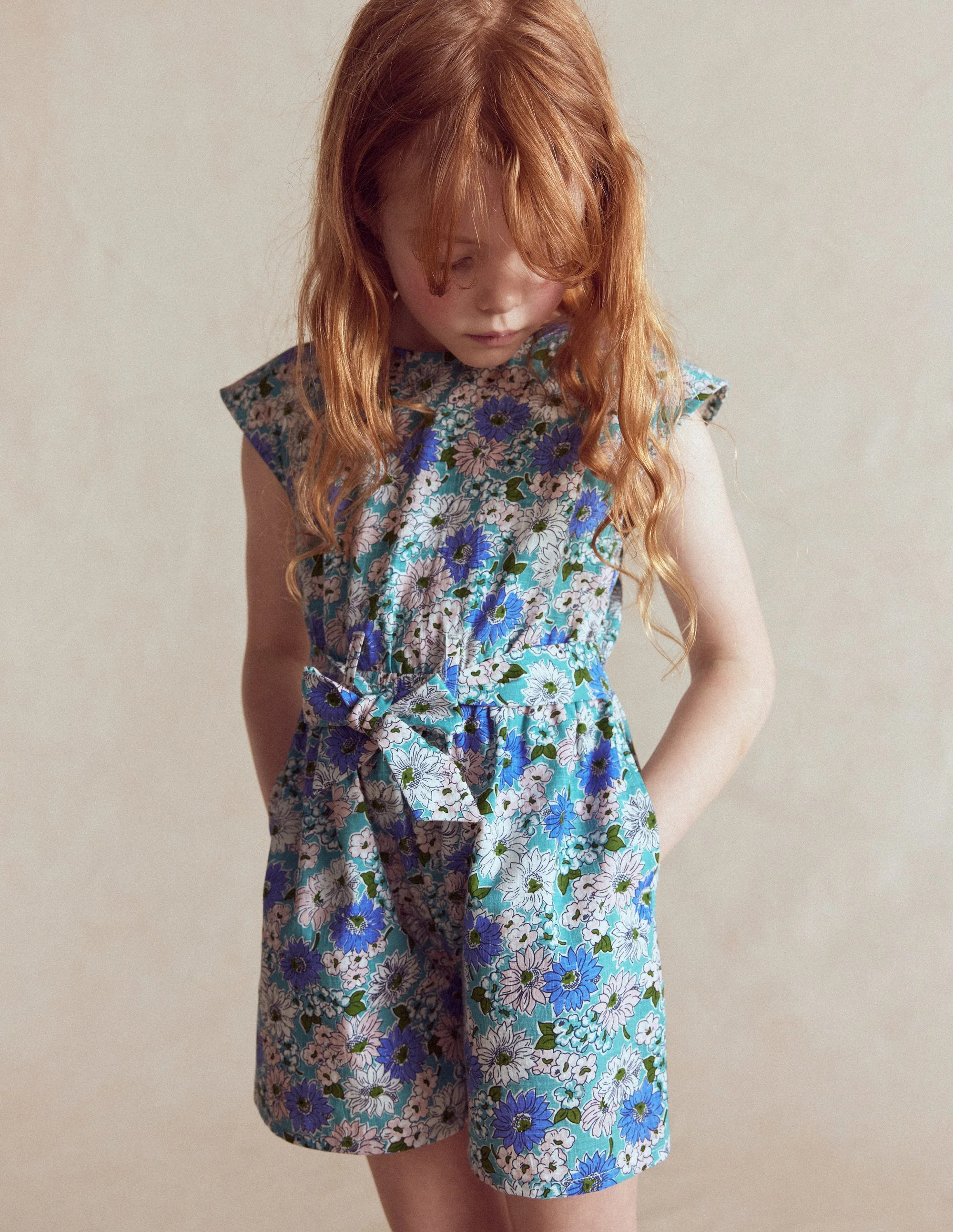 Tie Waist Woven Playsuit-Blue Floral - Image 2