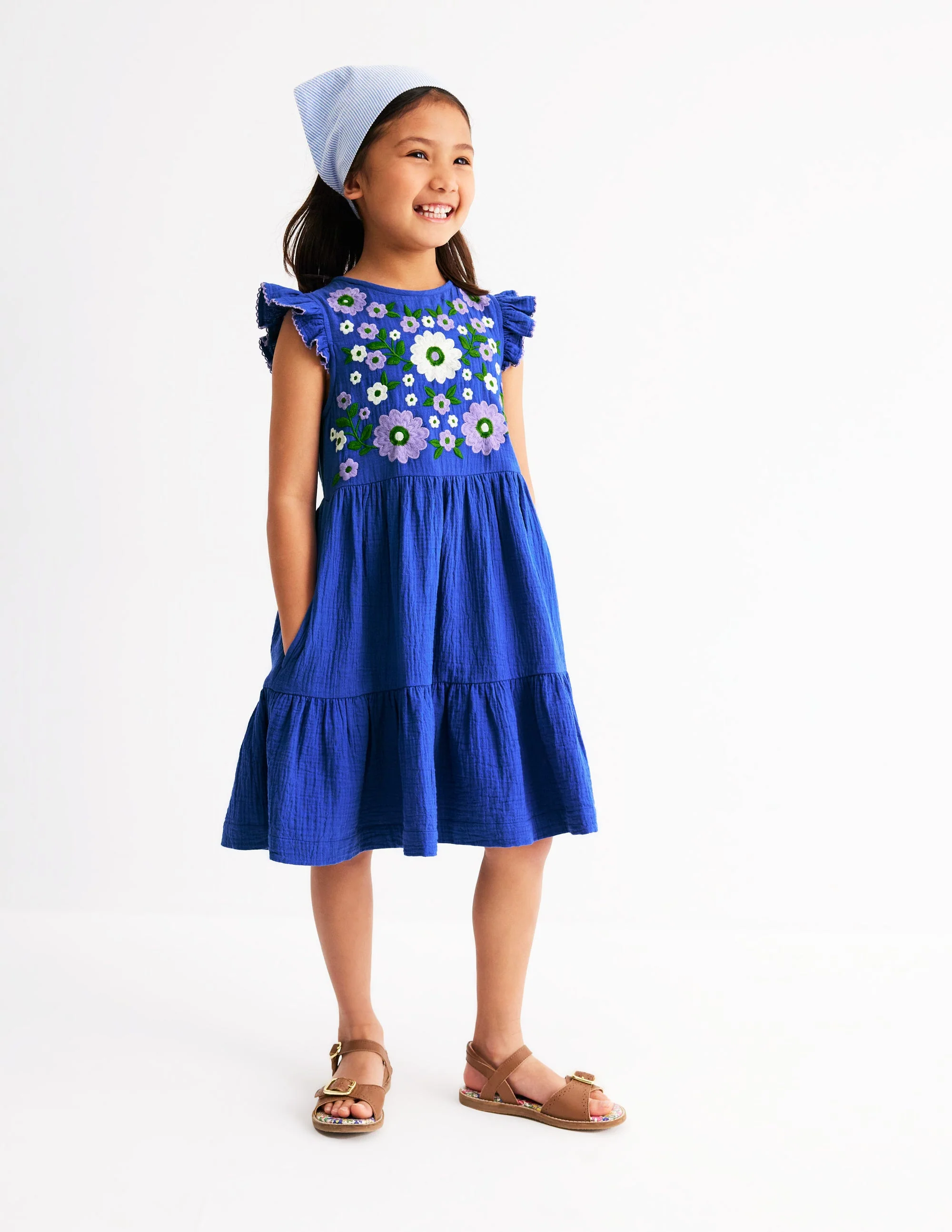 Tiered Doublecloth Dress-Bright Blue Embroidered