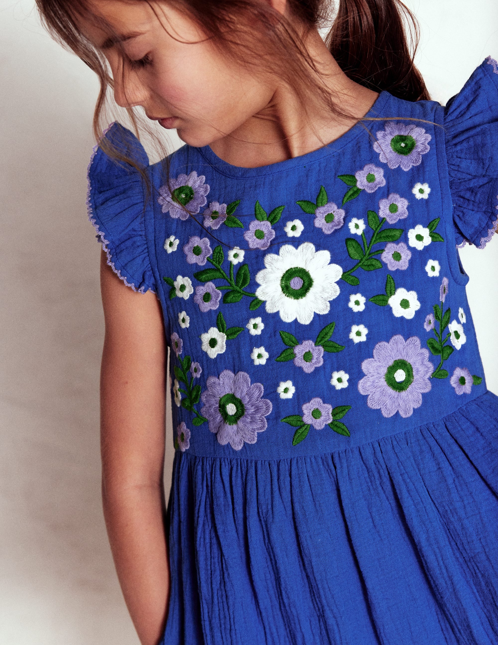 Tiered Doublecloth Dress-Bright Blue Embroidered - Image 3