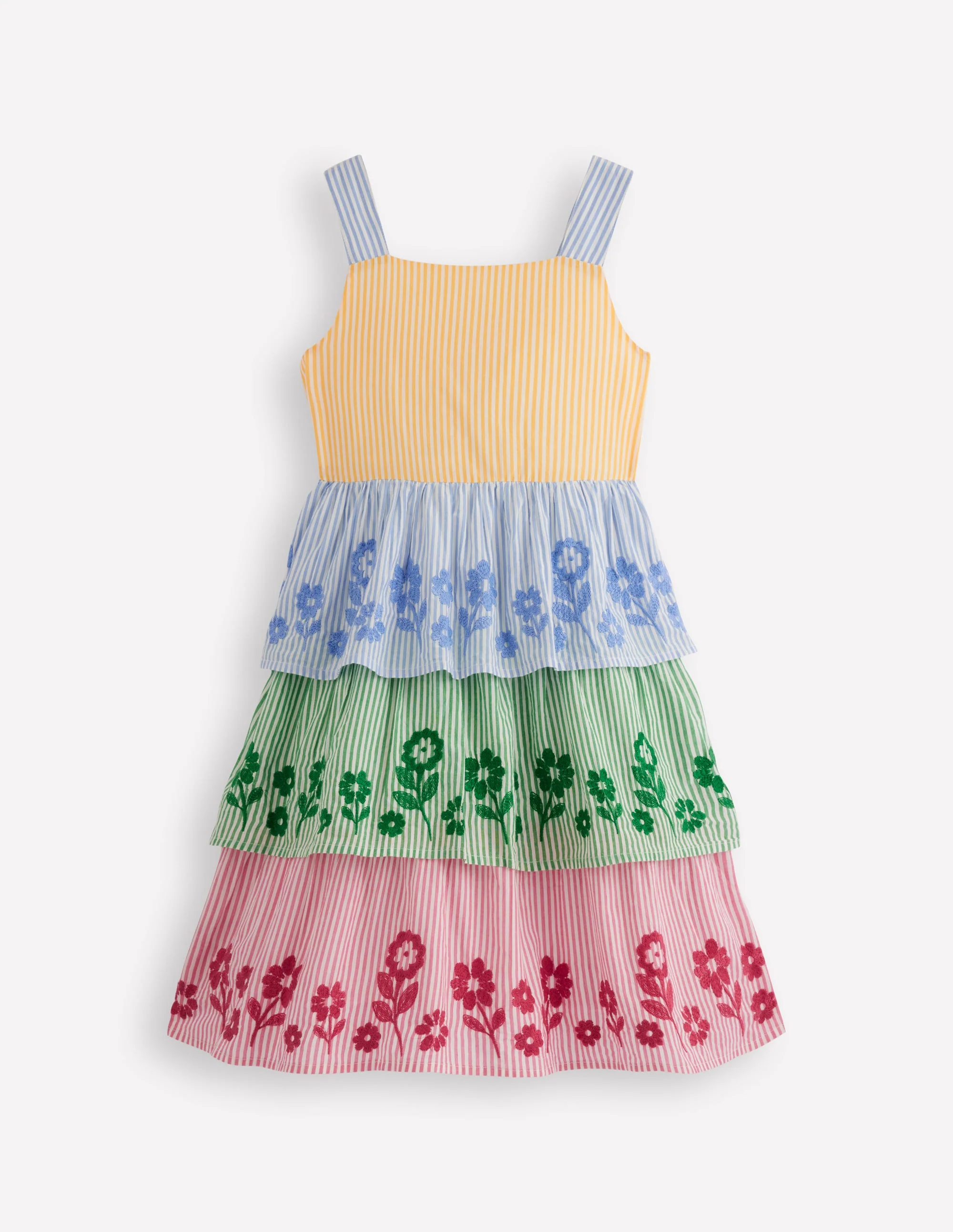 Tiered Embroidered Dress-Hotchpotch Stripe Embroidery