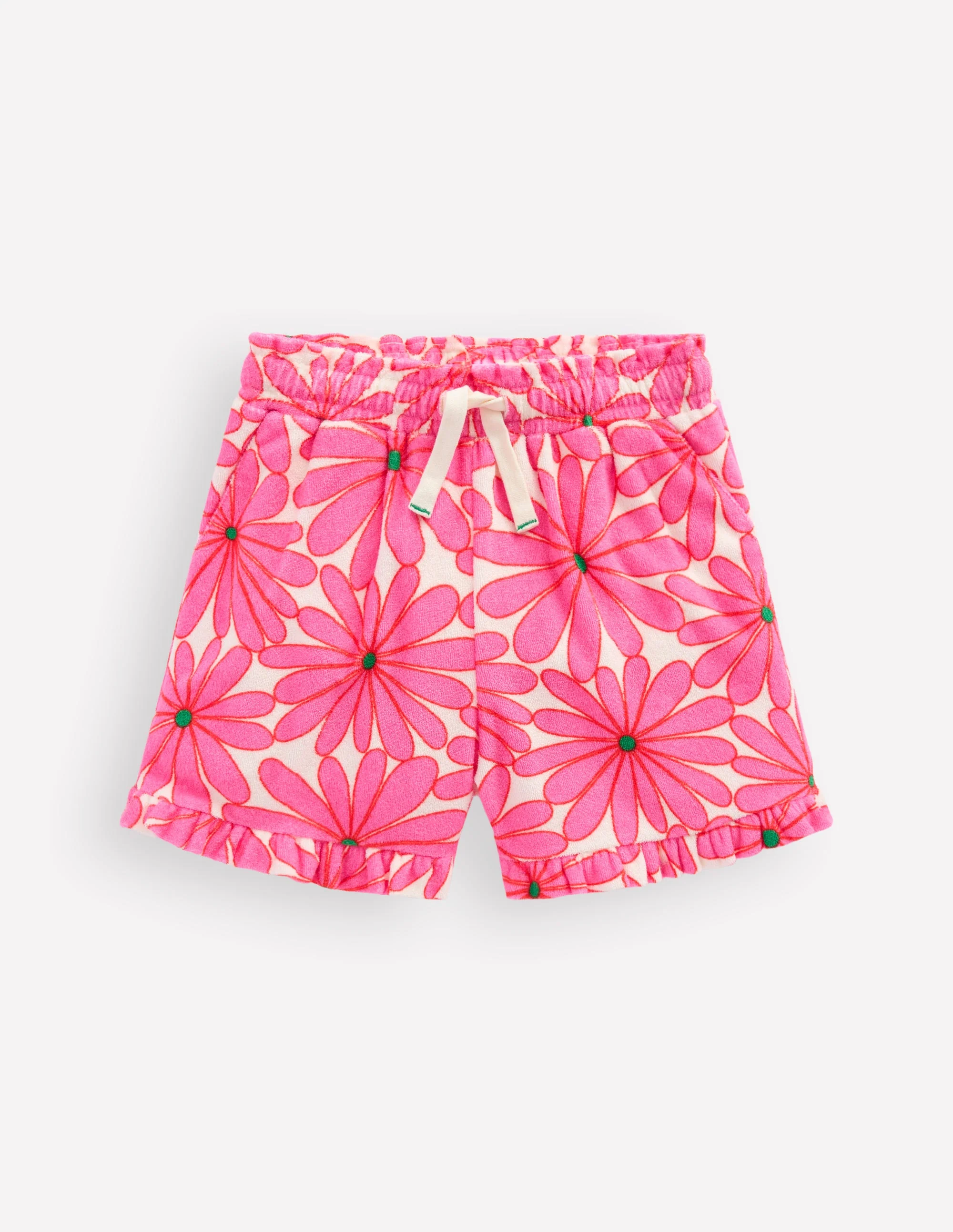 Towelling Ruffle Shorts-Festival Pink Giant Daisy
