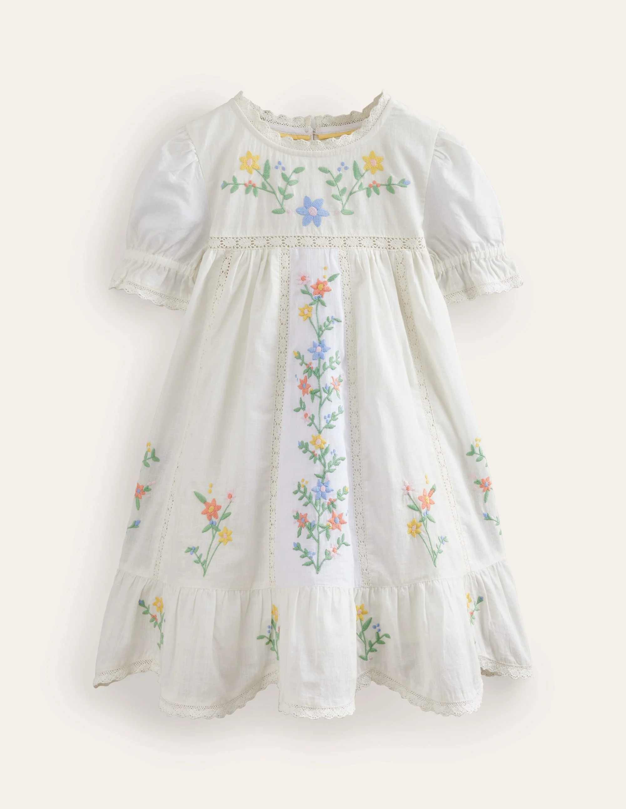 Twirly Embroidered Dress-Ivory Flowers