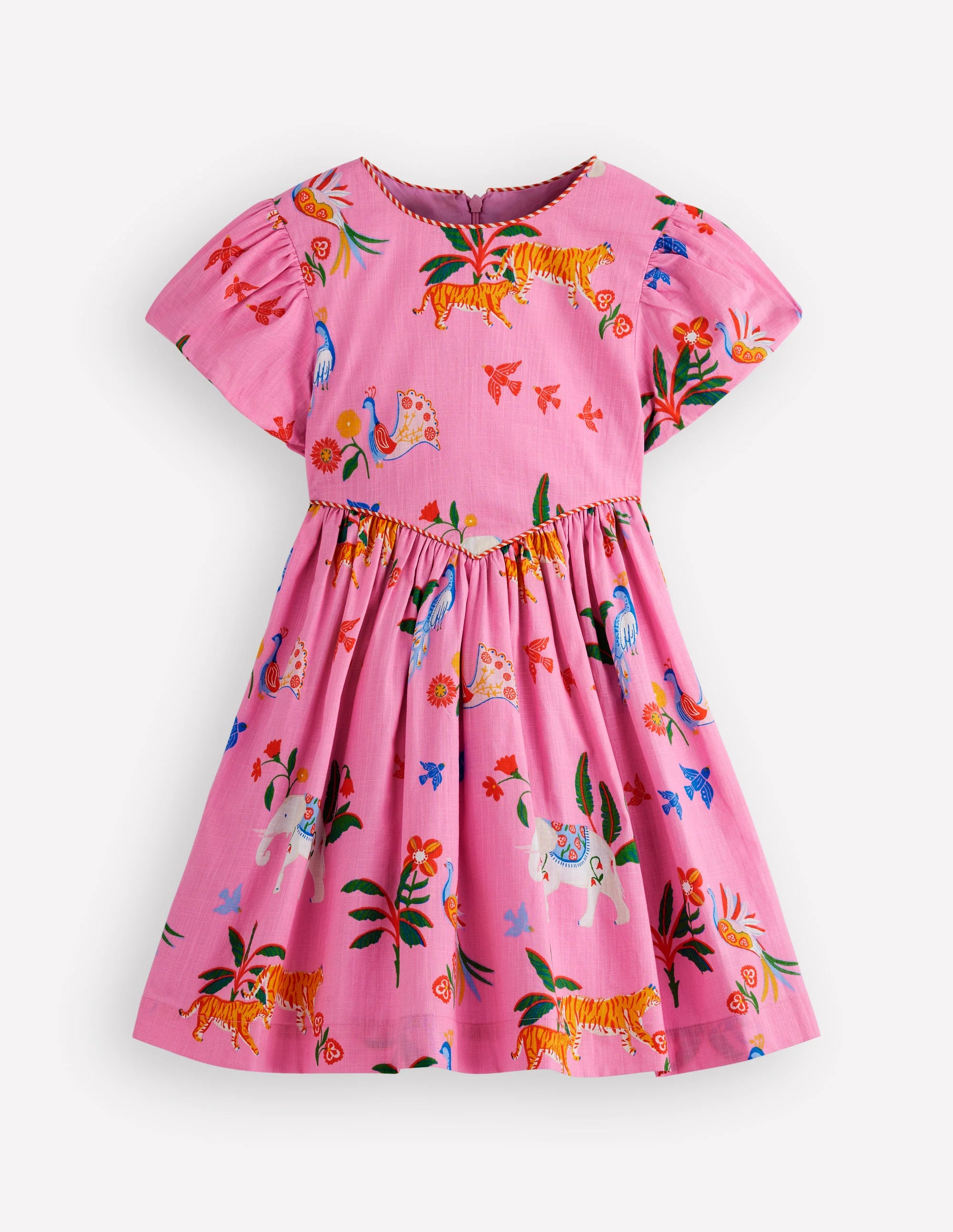 V-waist Woven Dress-Formica Pink Tropical Animals