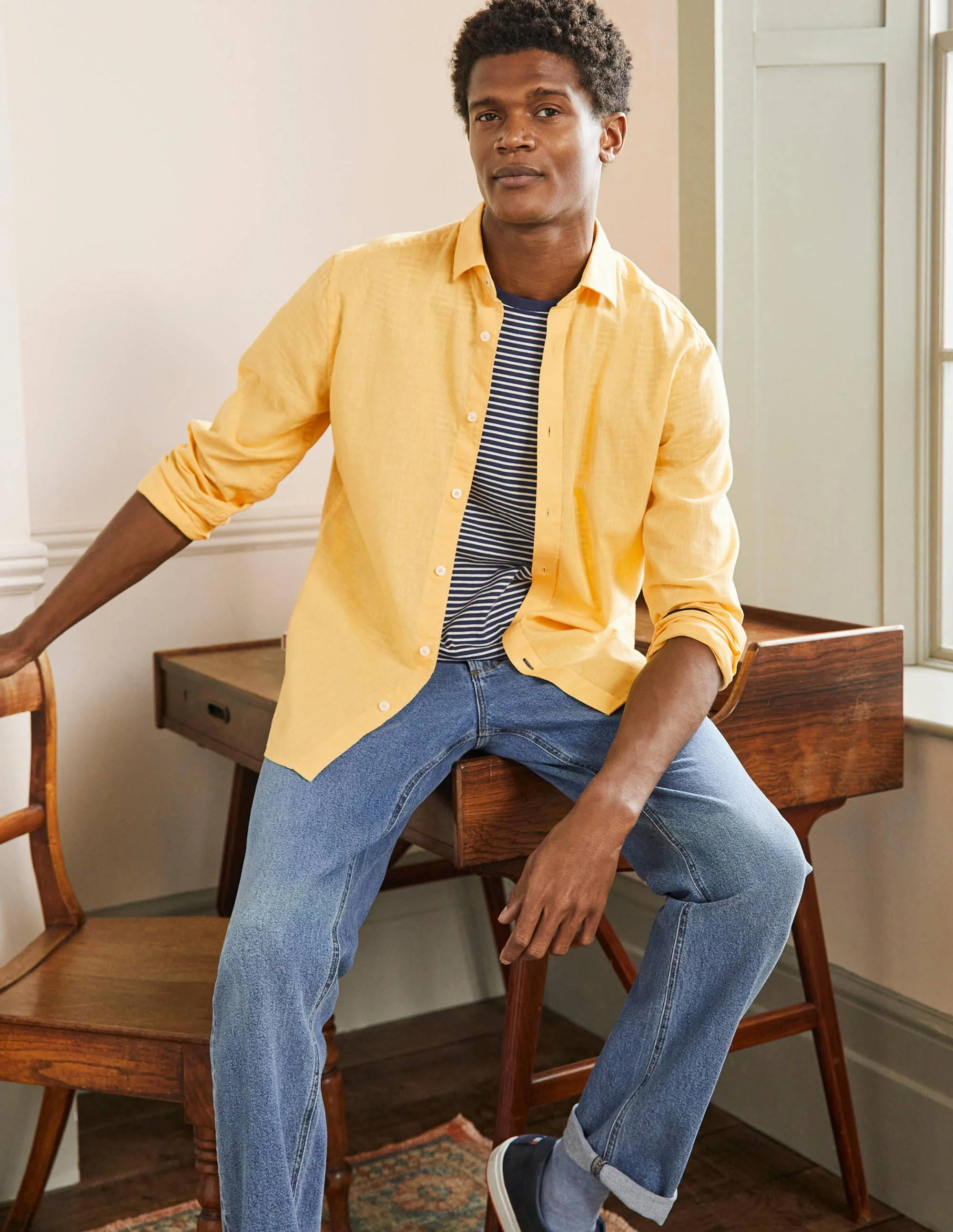 Cutaway Collar Linen Shirt-Cornsilk Yellow - Image 4