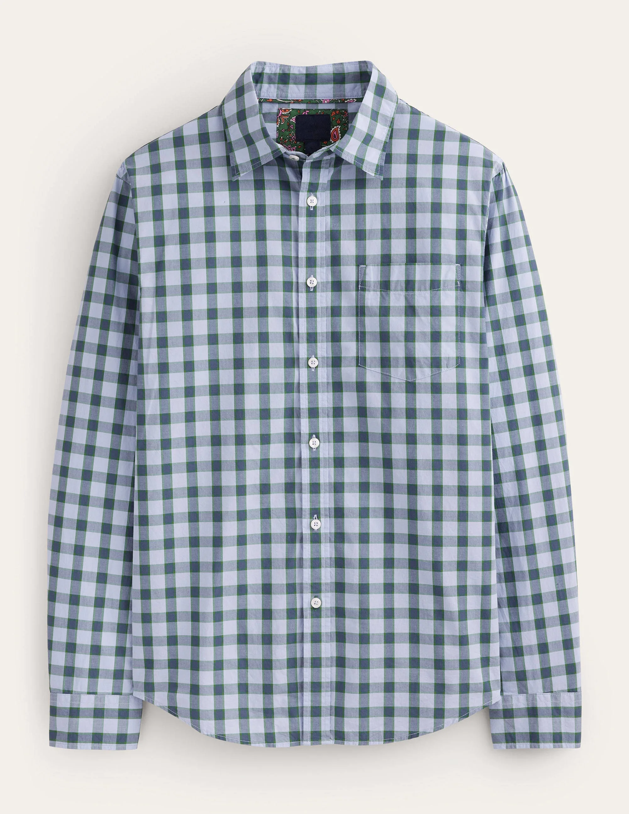 Cutaway Collar Poplin Shirt-Blue and Broad Bean Check
