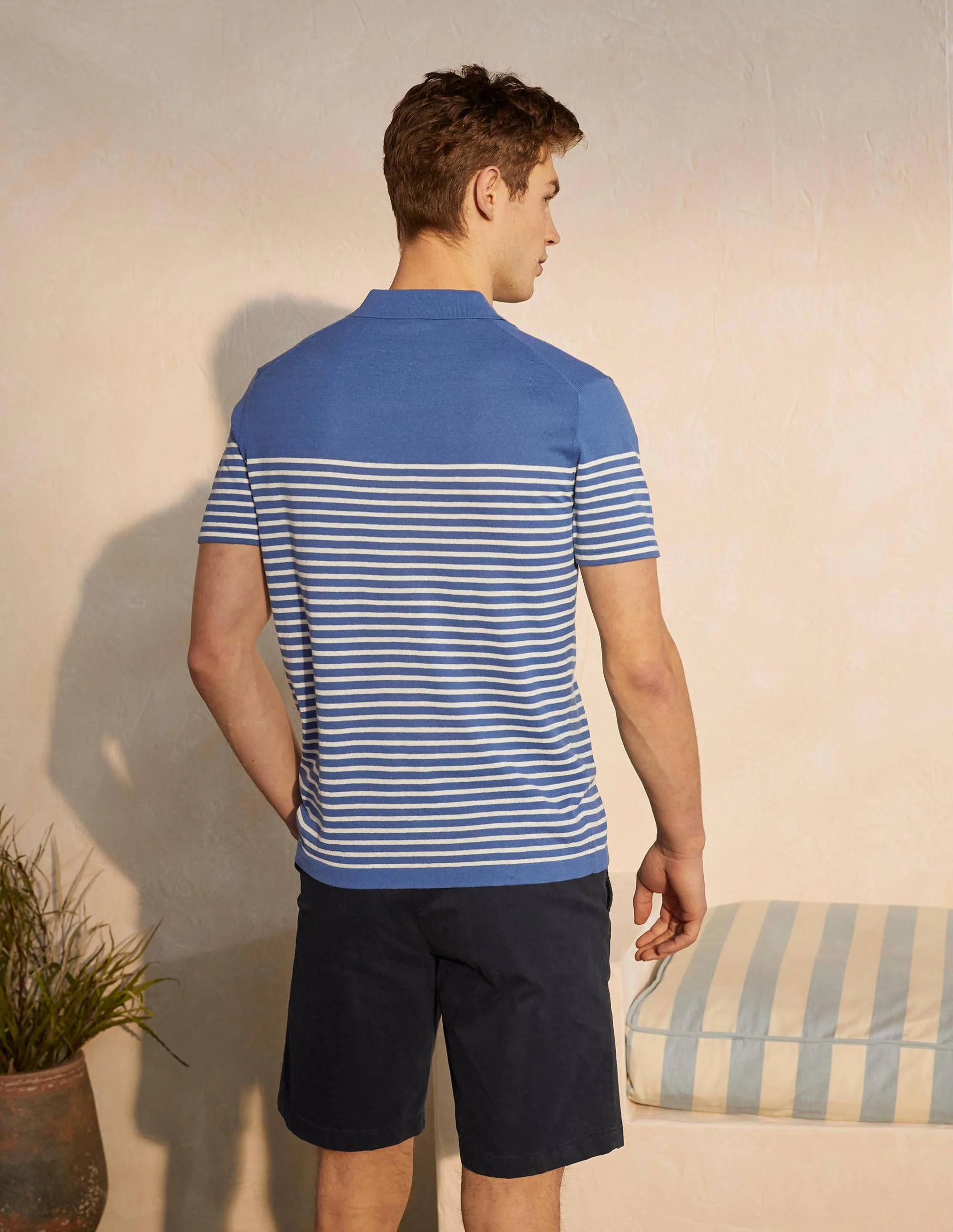 Linen Blend Knitted Polo-Bold Blue Stripe - Image 3