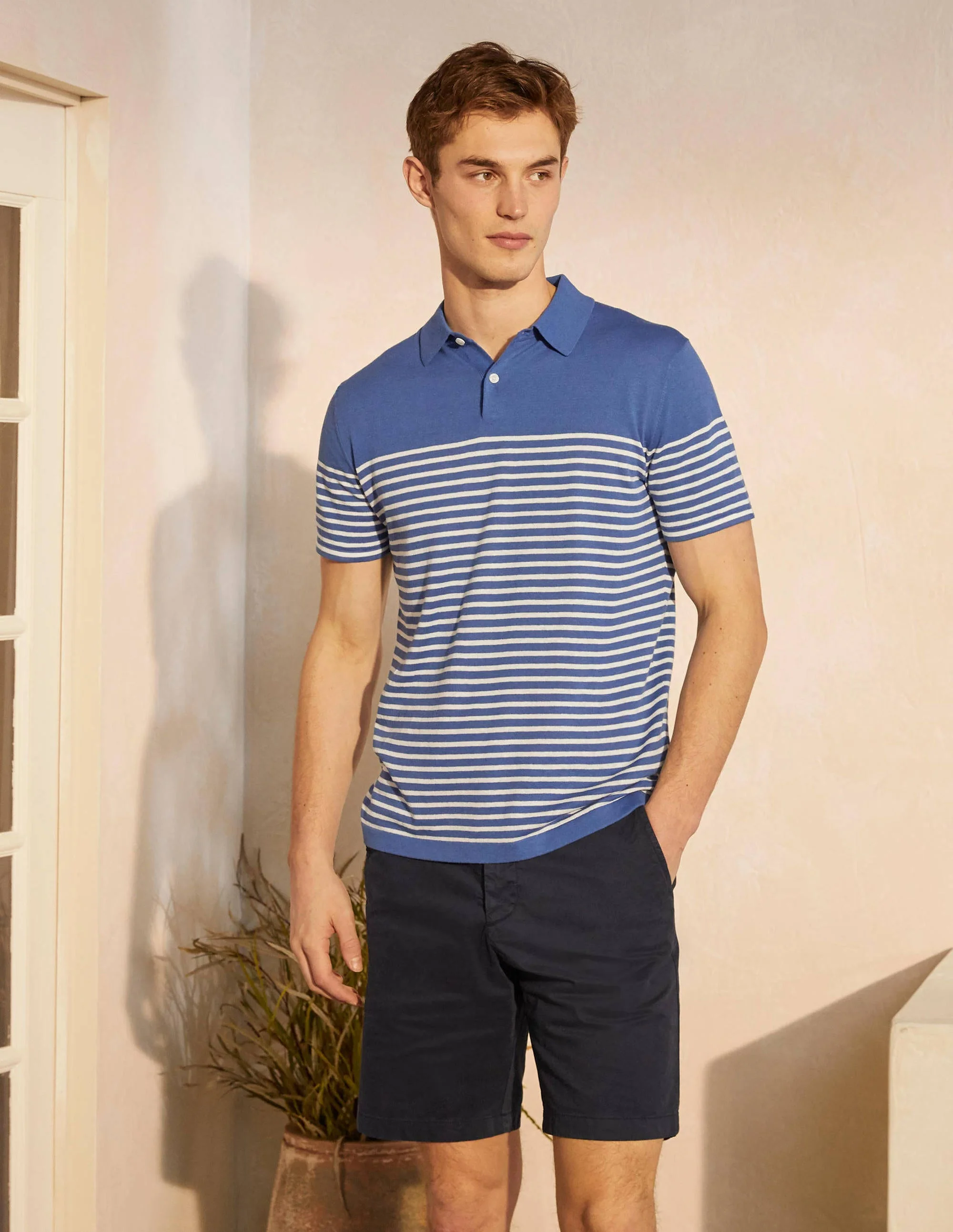Linen Blend Knitted Polo-Bold Blue Stripe - Image 4