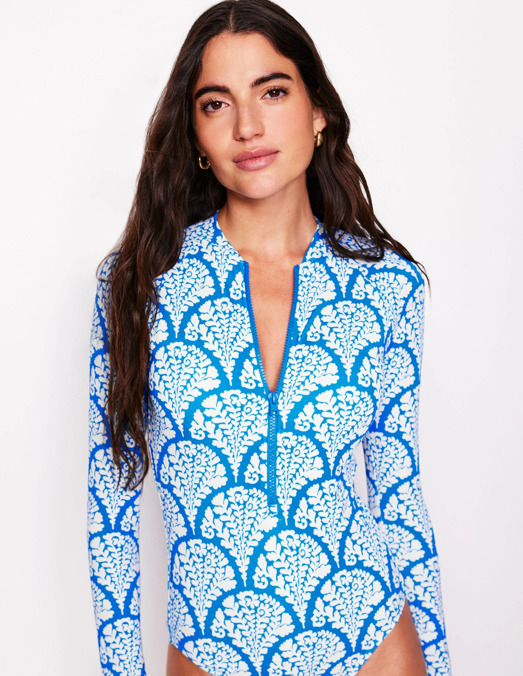 Sporty Raglan Sleeve Swimsuit-Bright Blue, Blossomy - Image 5