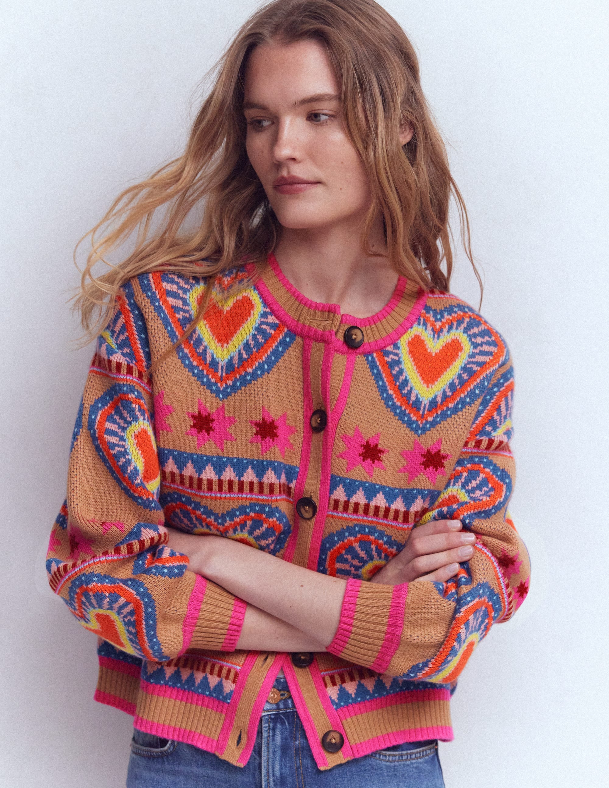 Abi Jacquard Cardigan-Camel Melange, Hearts - Image 2
