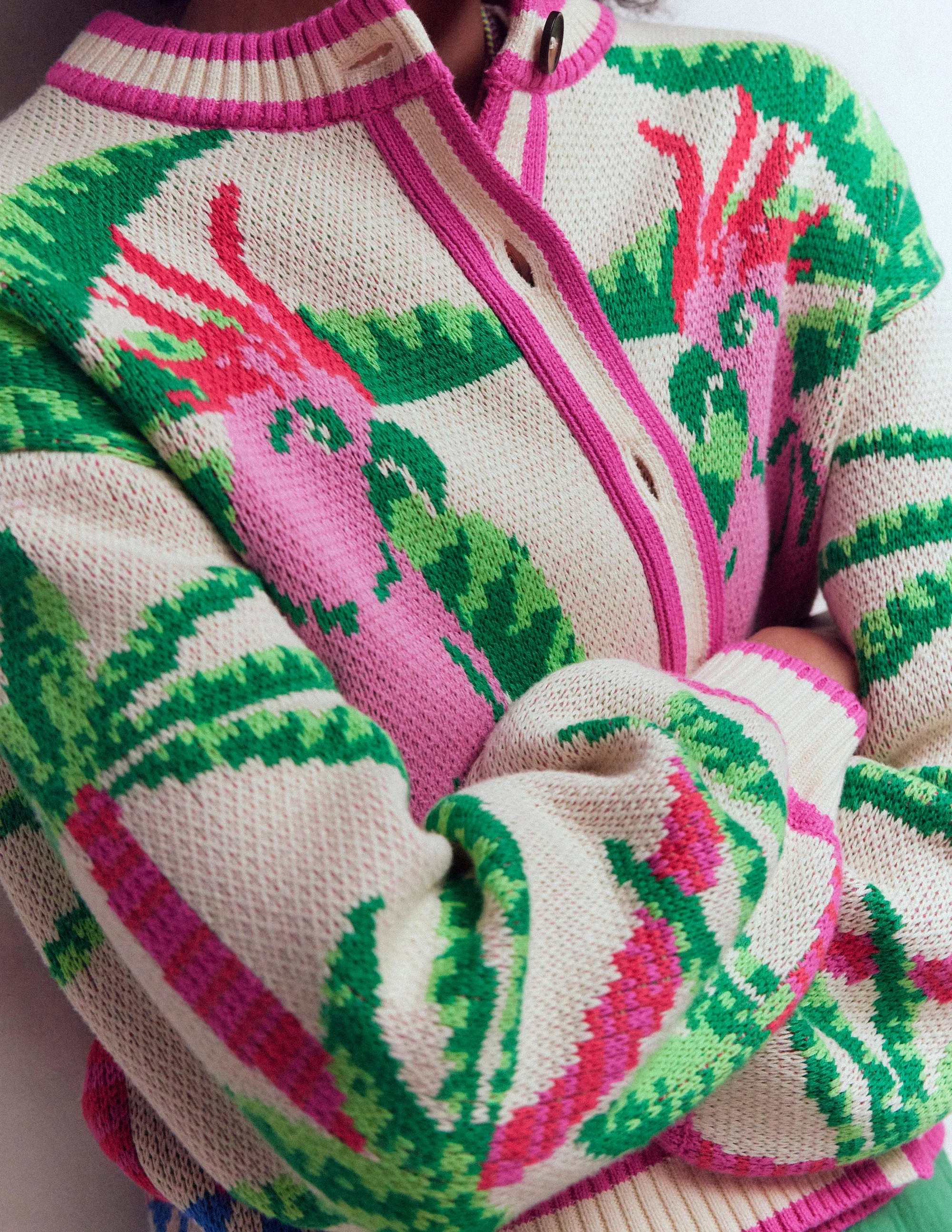 Abi Jacquard Cardigan-Warm Ivory, Palm Tree Birds - Image 3