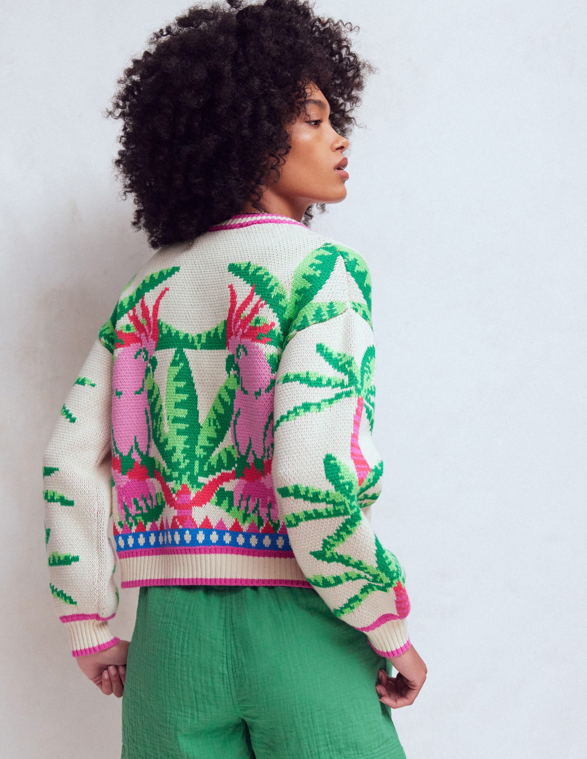 Abi Jacquard Cardigan-Warm Ivory, Palm Tree Birds - Image 4