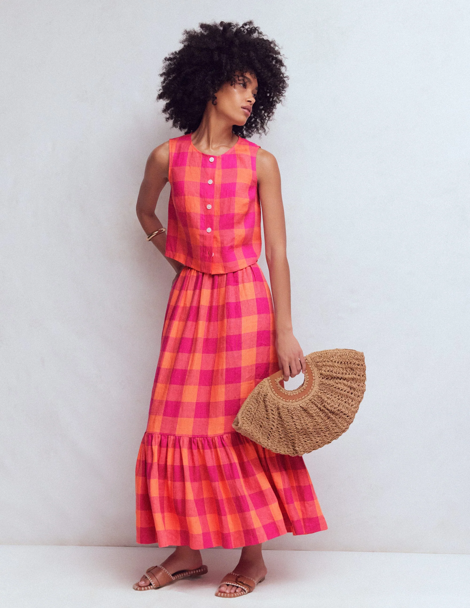 Abigail Linen Maxi Skirt-Zesty Orange, Pink Gingham