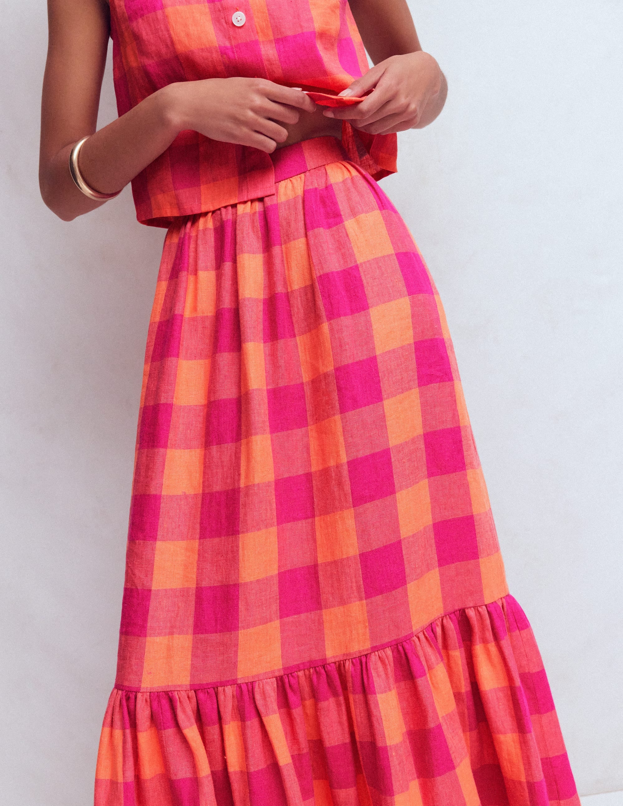 Abigail Linen Maxi Skirt-Zesty Orange, Pink Gingham - Image 2
