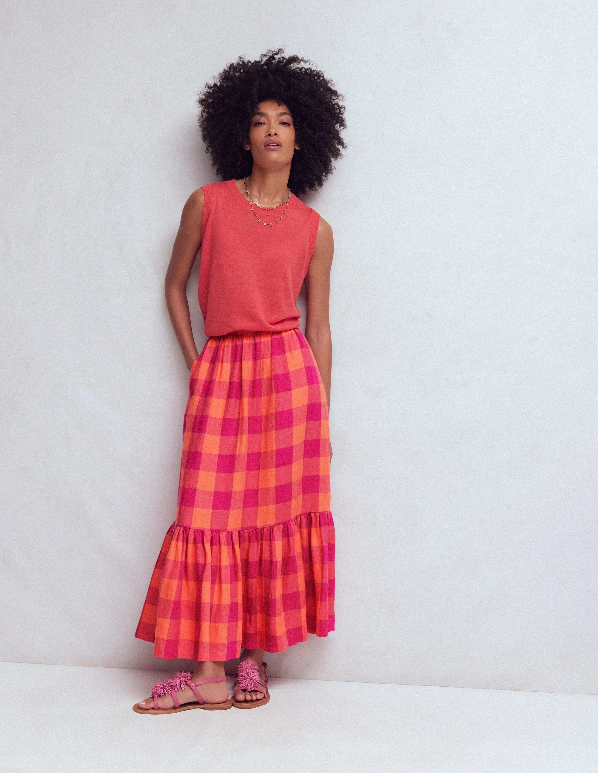 Abigail Linen Maxi Skirt-Zesty Orange, Pink Gingham - Image 4