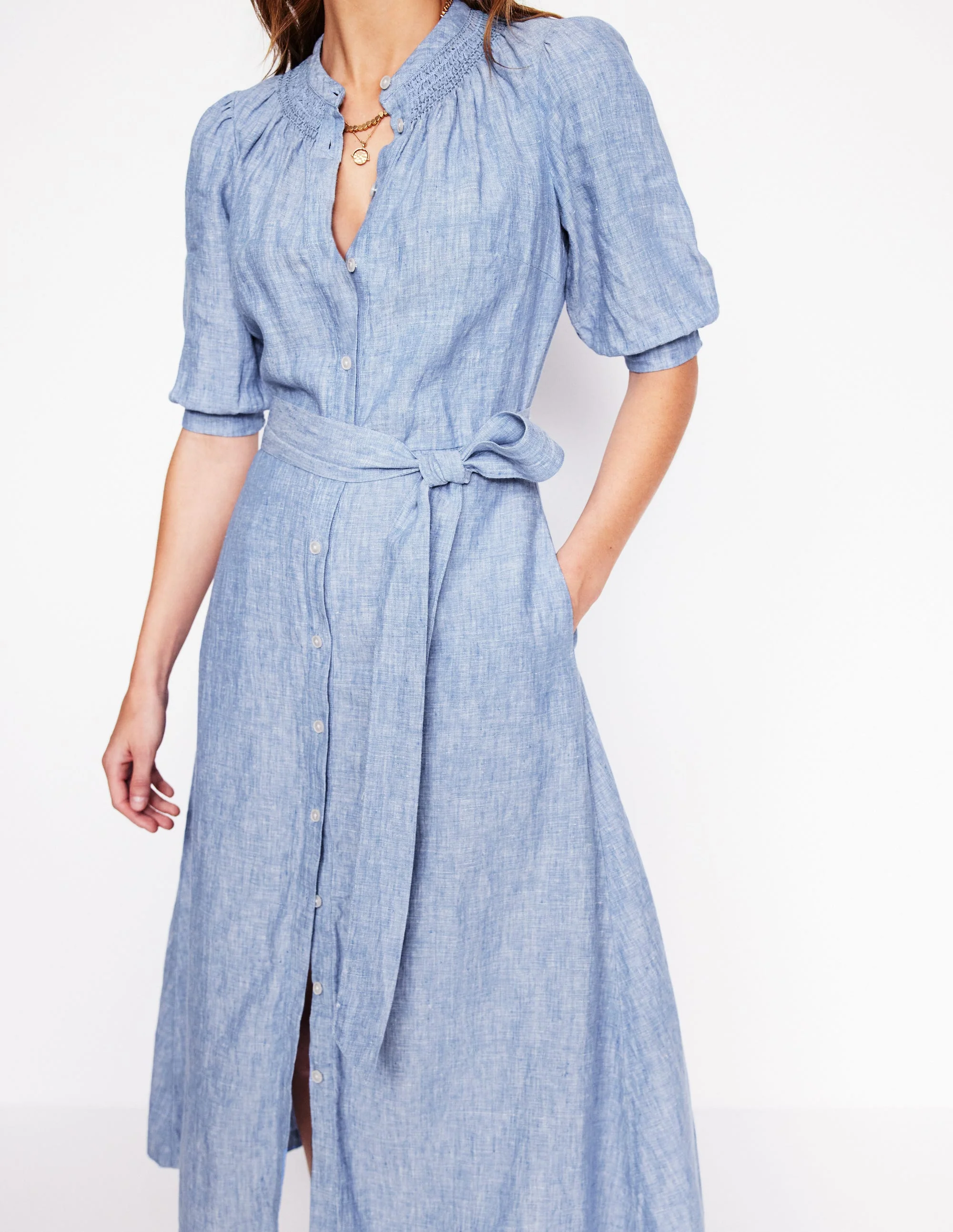 Ada Linen Midi Dress-Grey Blue Chambray - Image 3