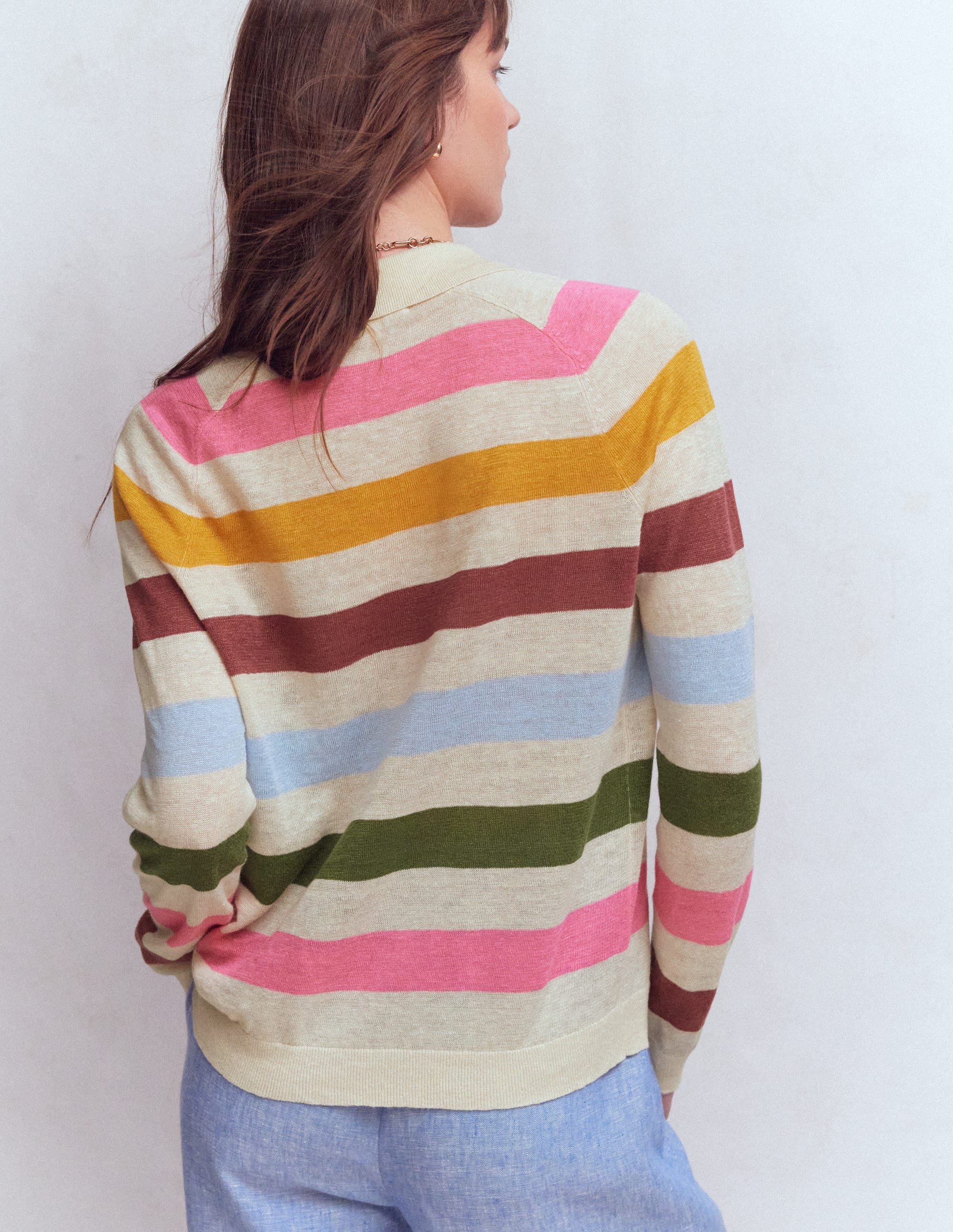 Agnes Collared Linen Jumper-Ivory, Pink, Green Multistripe - Image 3