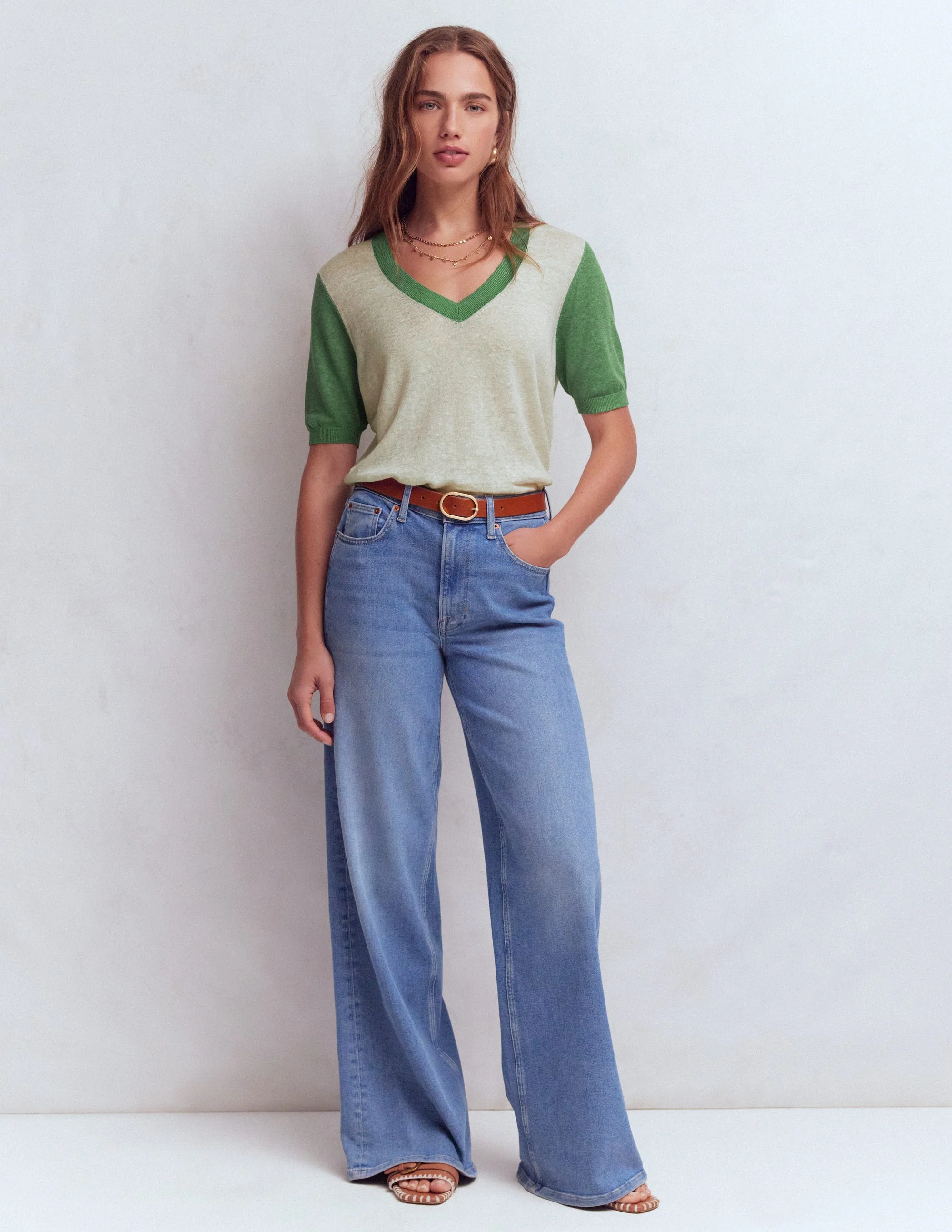 Agnes Linen V Neck T-Shirt-Ivory/ Green - Image 4