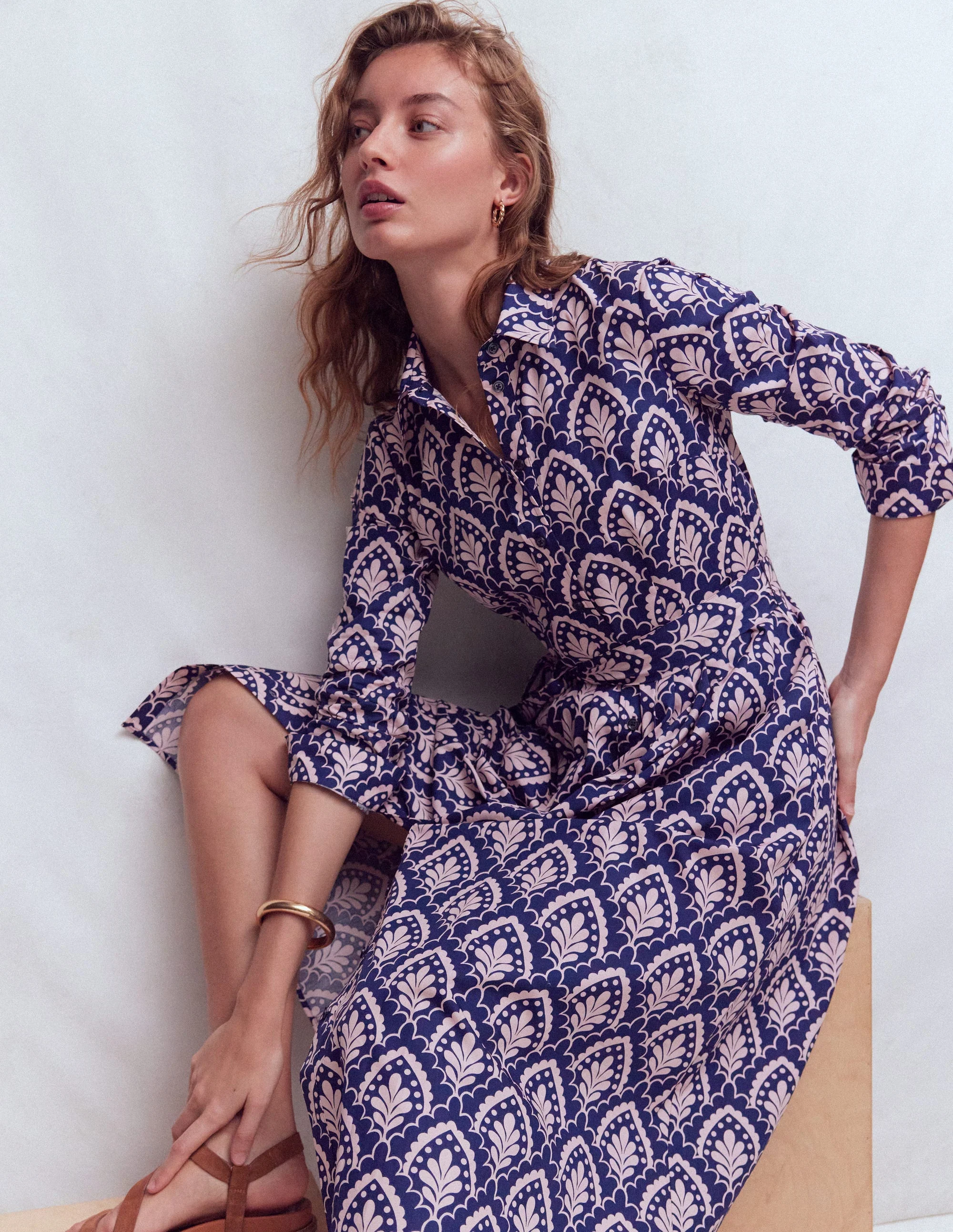 Alexa Long Sleeve Midi Dress-Navy Petal Terrace