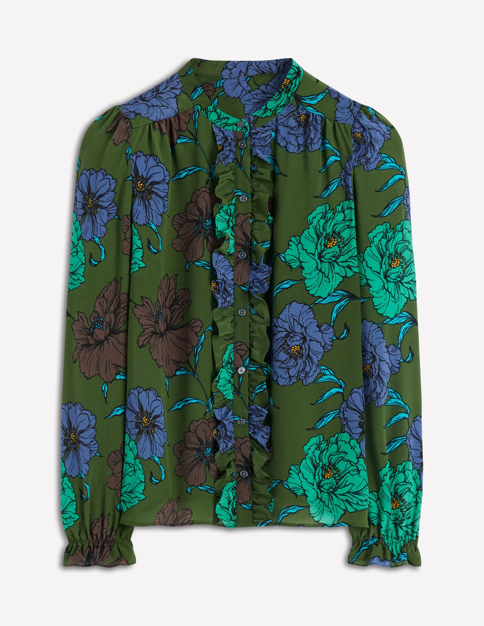 Alice Frill Front Silk Top-Green, Peony Bloom - Image 6