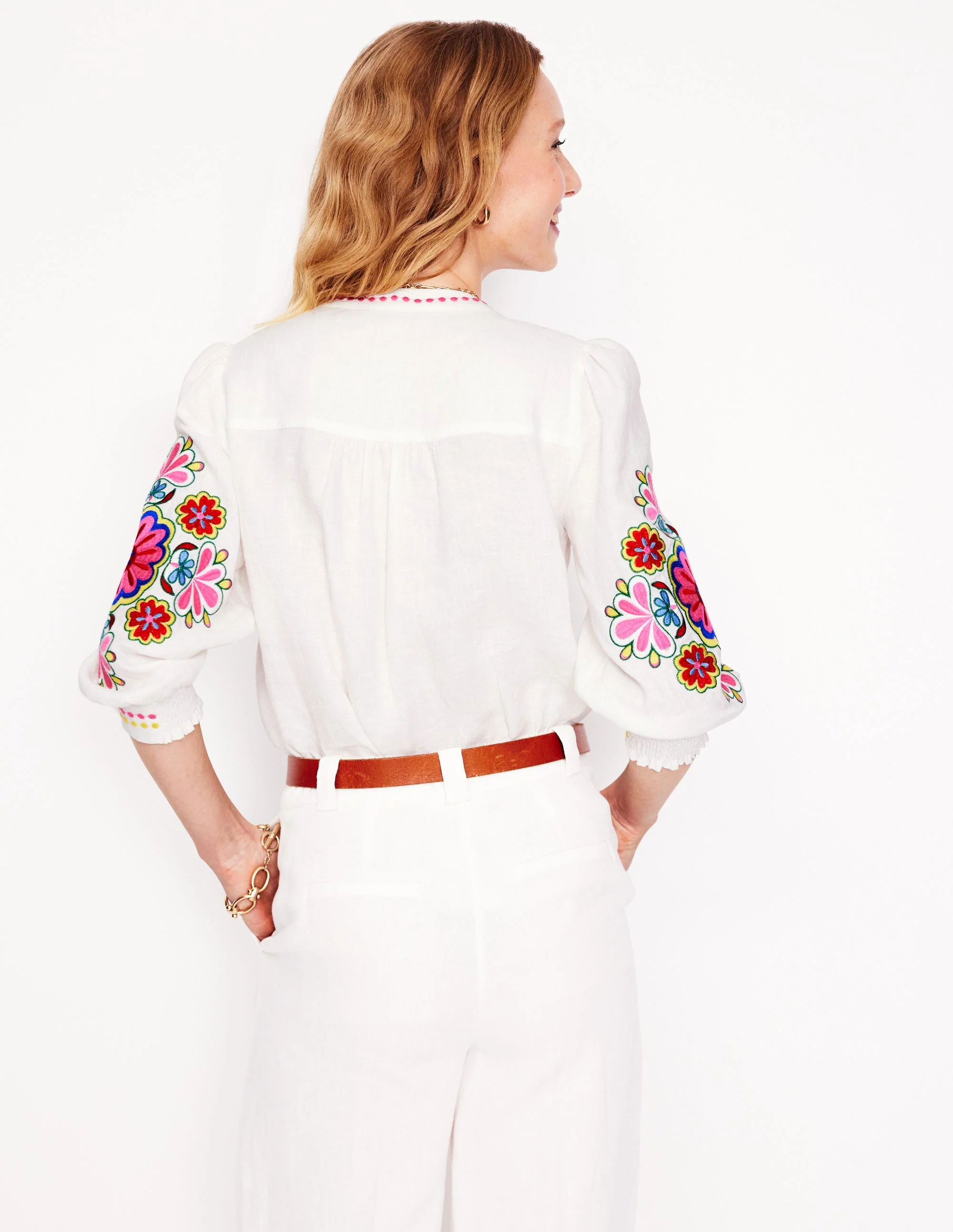Alicia Linen Top-White, Floral Embroidery - Image 4