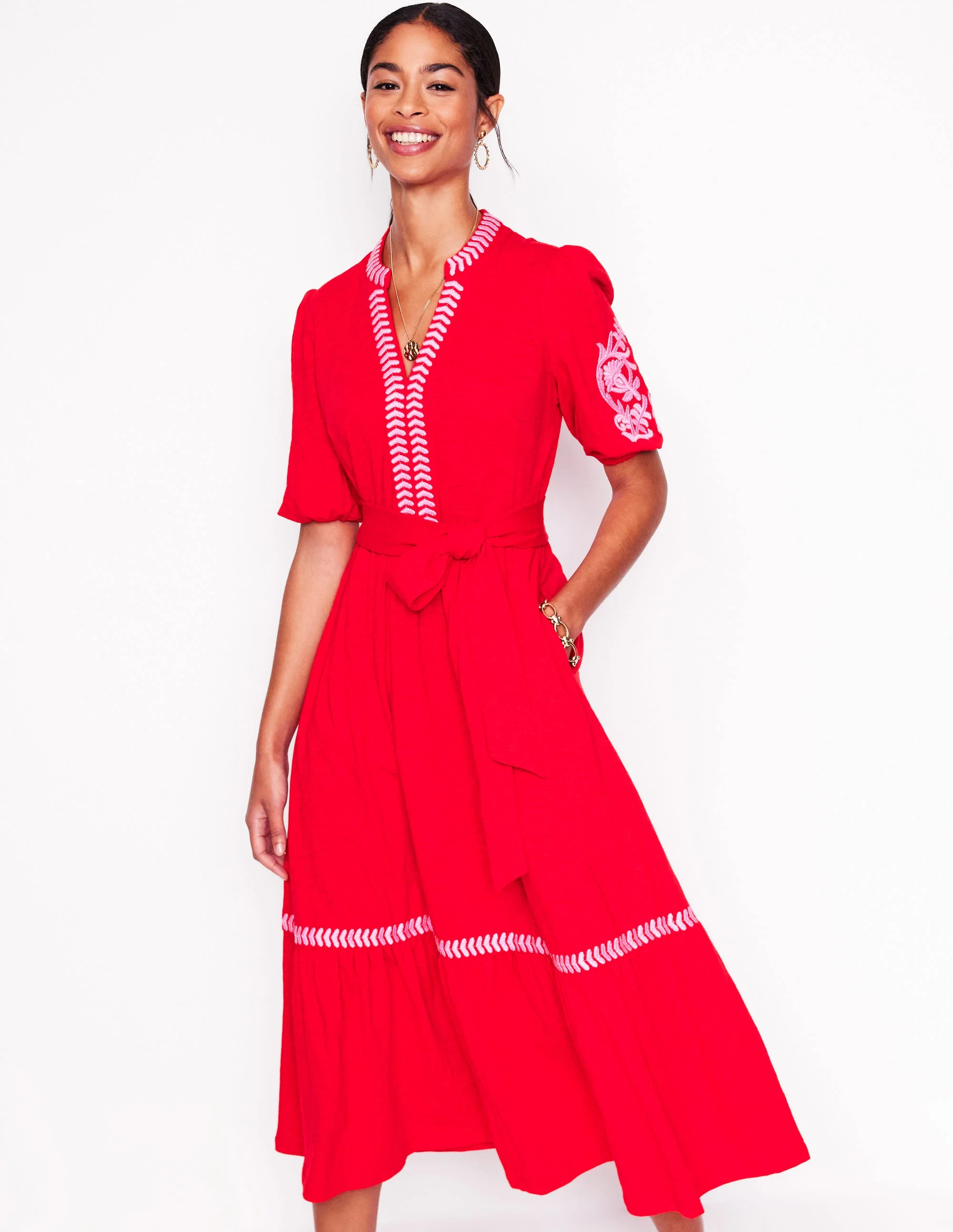Amara Embroidered Jersey Dress-Poppy Red, Pink Peony - Image 5