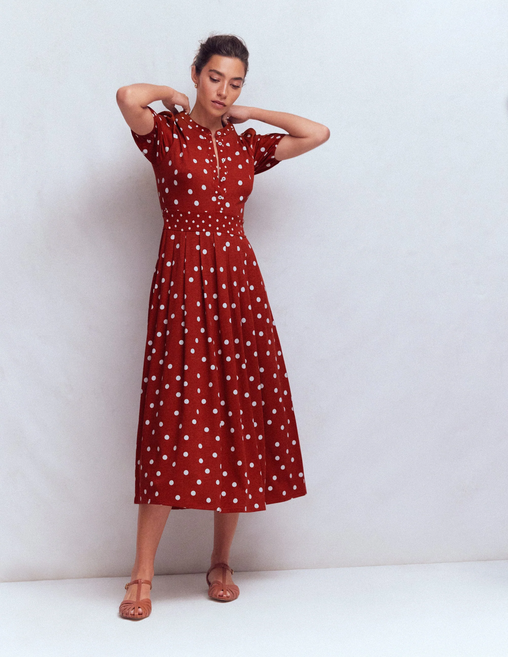 Amber Pleat Jersey Midi Dress-Burnt Orange, Painted Dot - Image 6