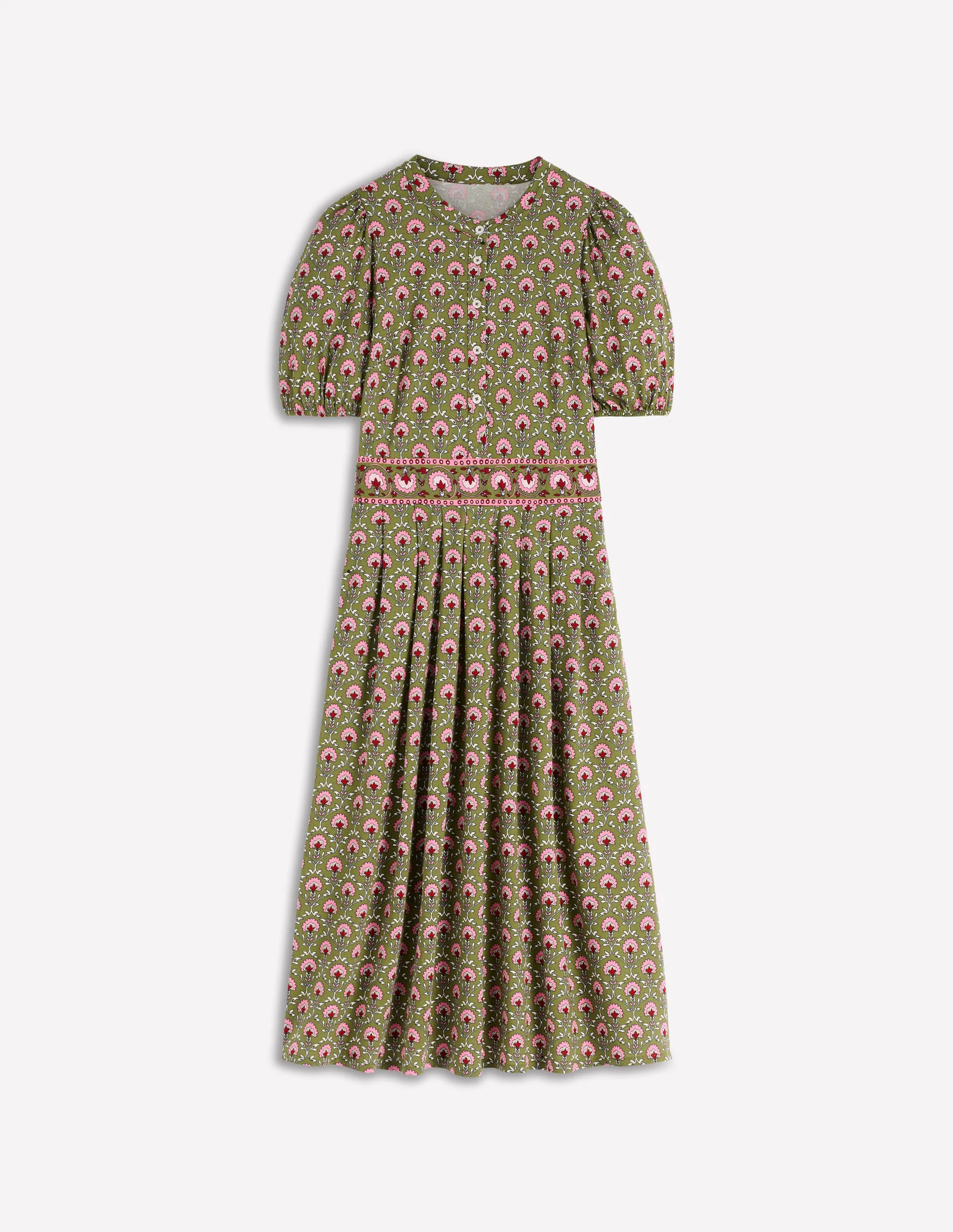 Amber Pleat Jersey Midi Dress-Olive, Flower Lattice - Image 4