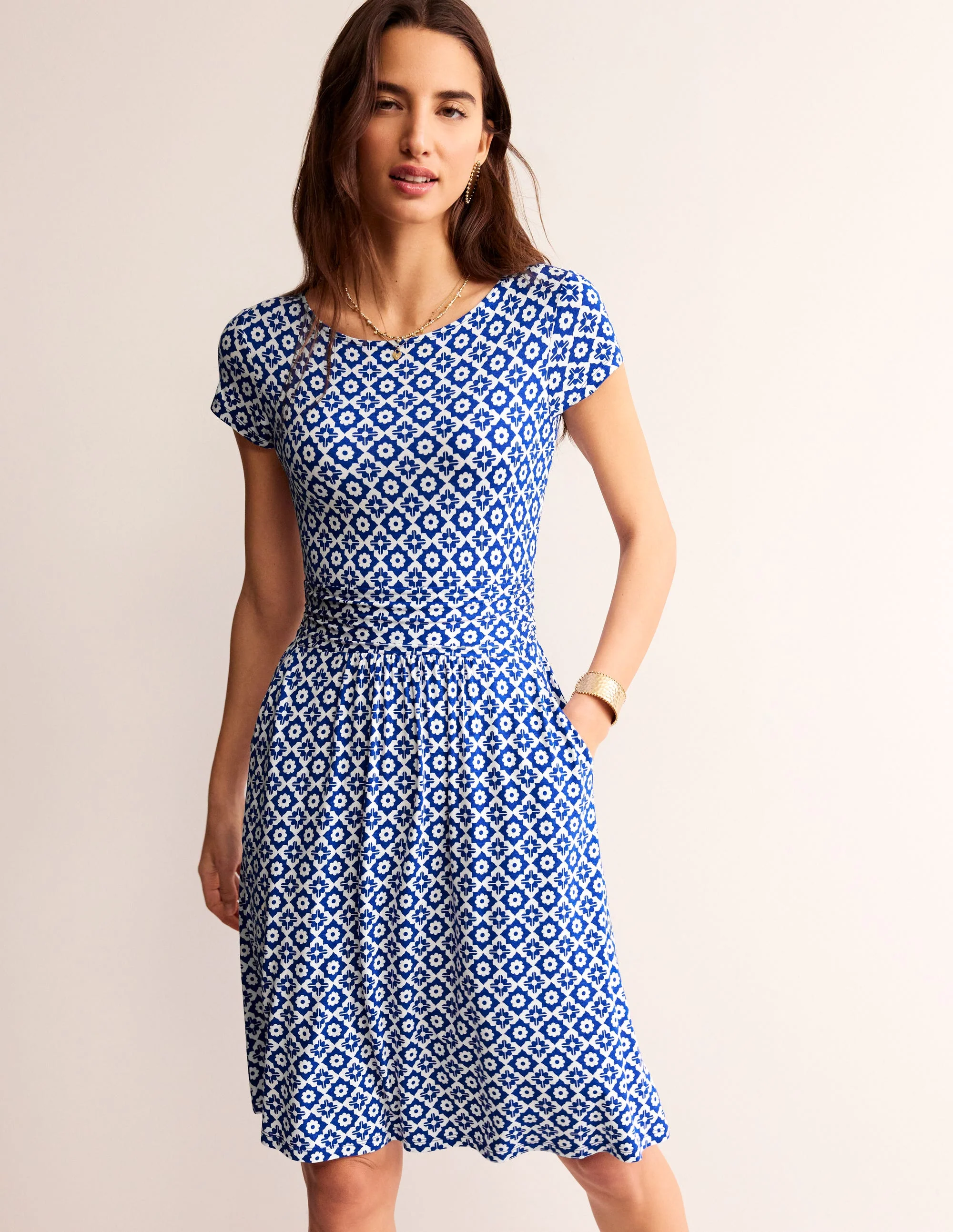 Amelie Jersey Dress-Surf The Web, Geometric Stamp