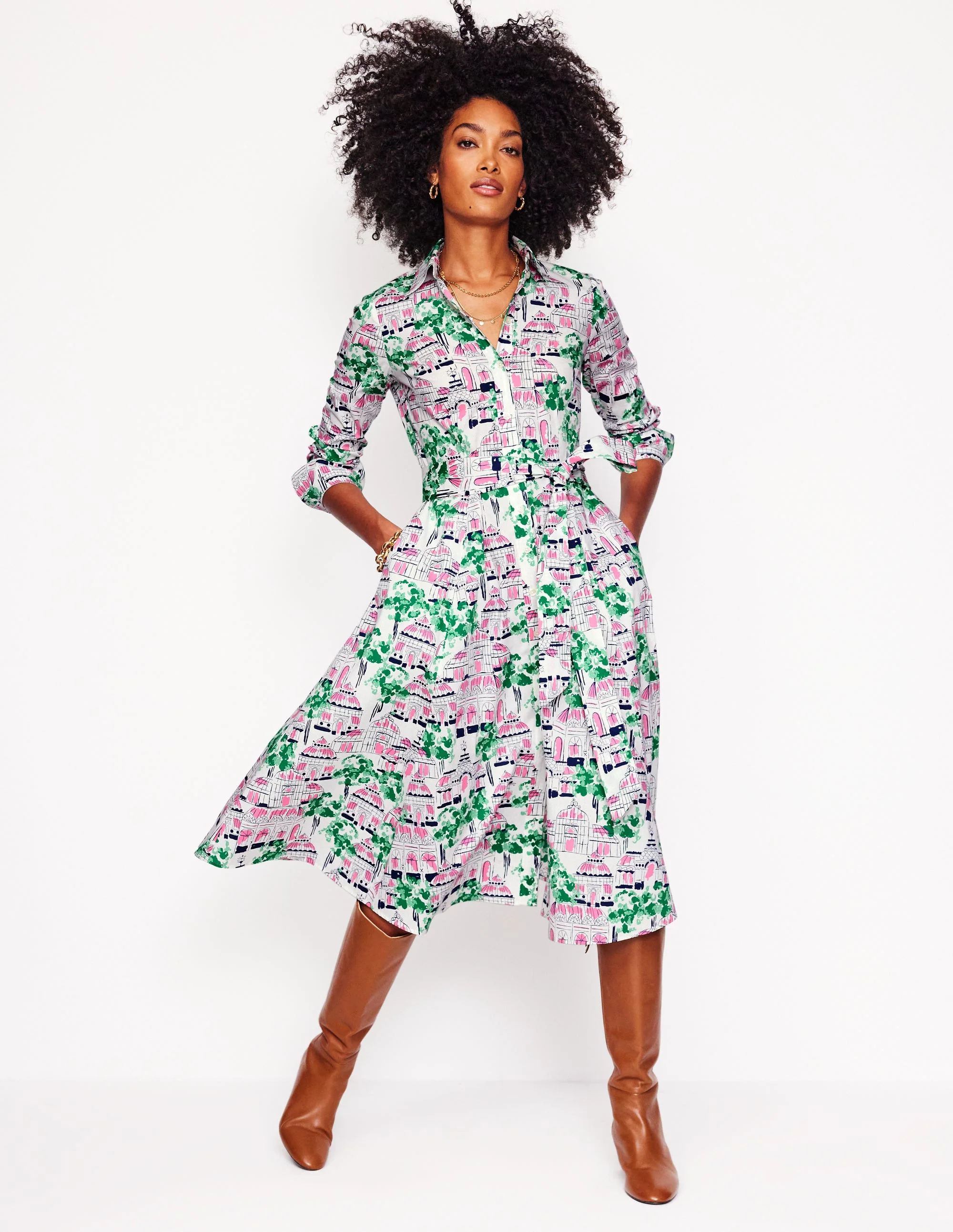Amy Cotton Midi Shirt Dress-Ivory, Botanical Greenhouse - Image 4