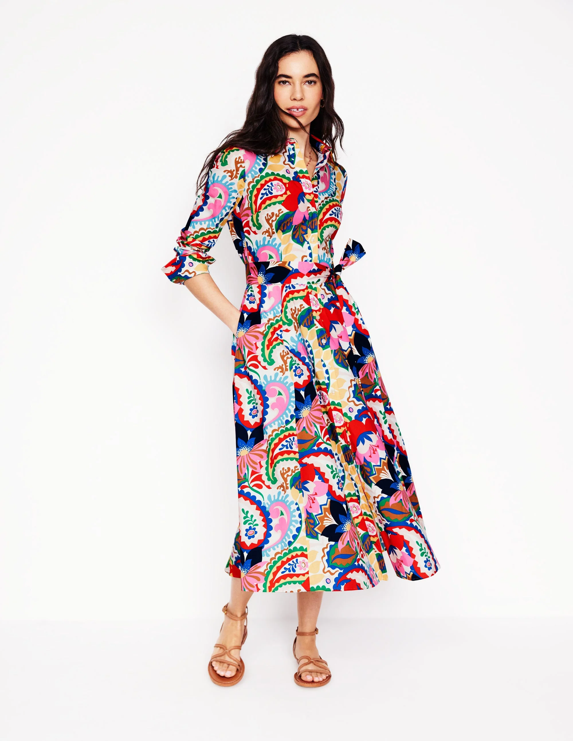 Amy Cotton Midi Shirt Dress-Ivory, Botanical Paisley - Image 5