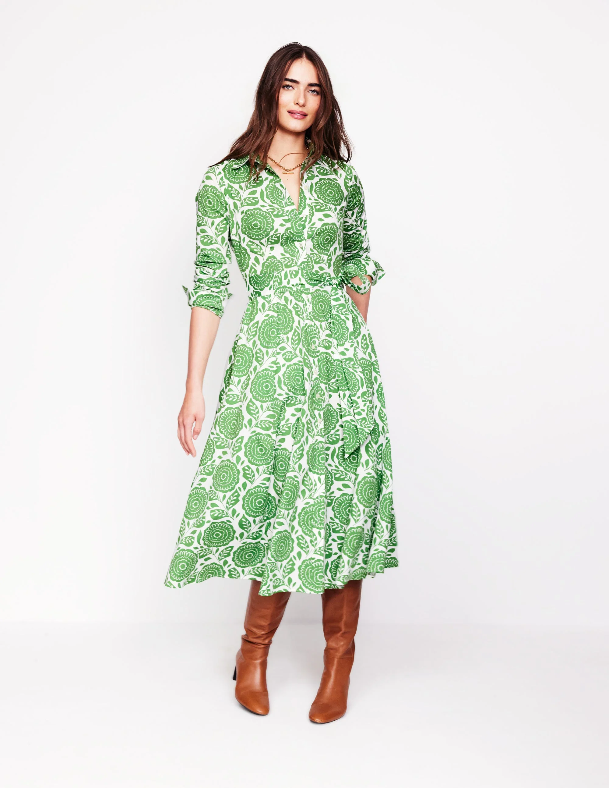 Amy Cotton Midi Shirt Dress-Paradise Green, Dahlia Stamp - Image 6