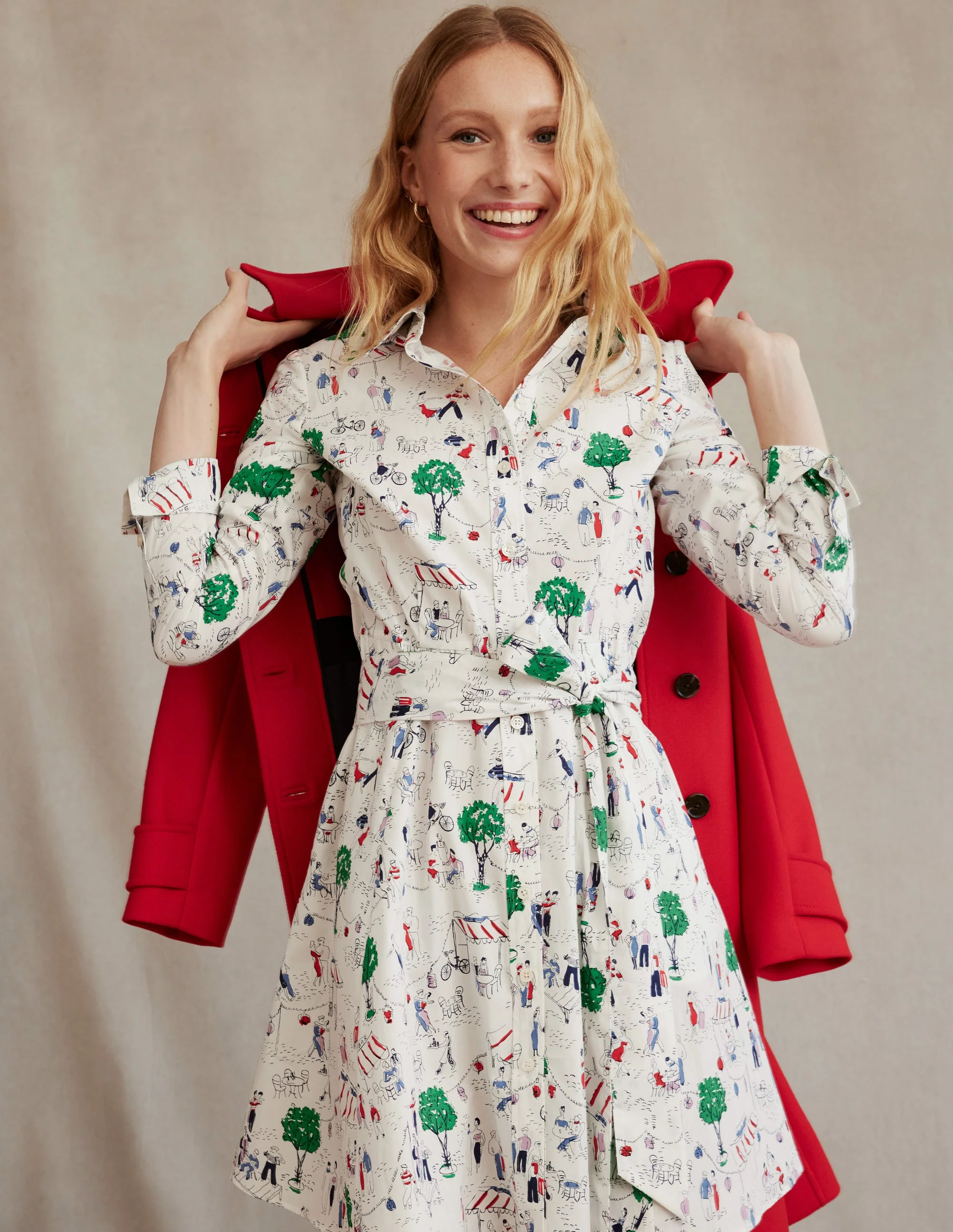 Amy Cotton Short Shirt Dress-Ivory, Paris Scene - Image 5