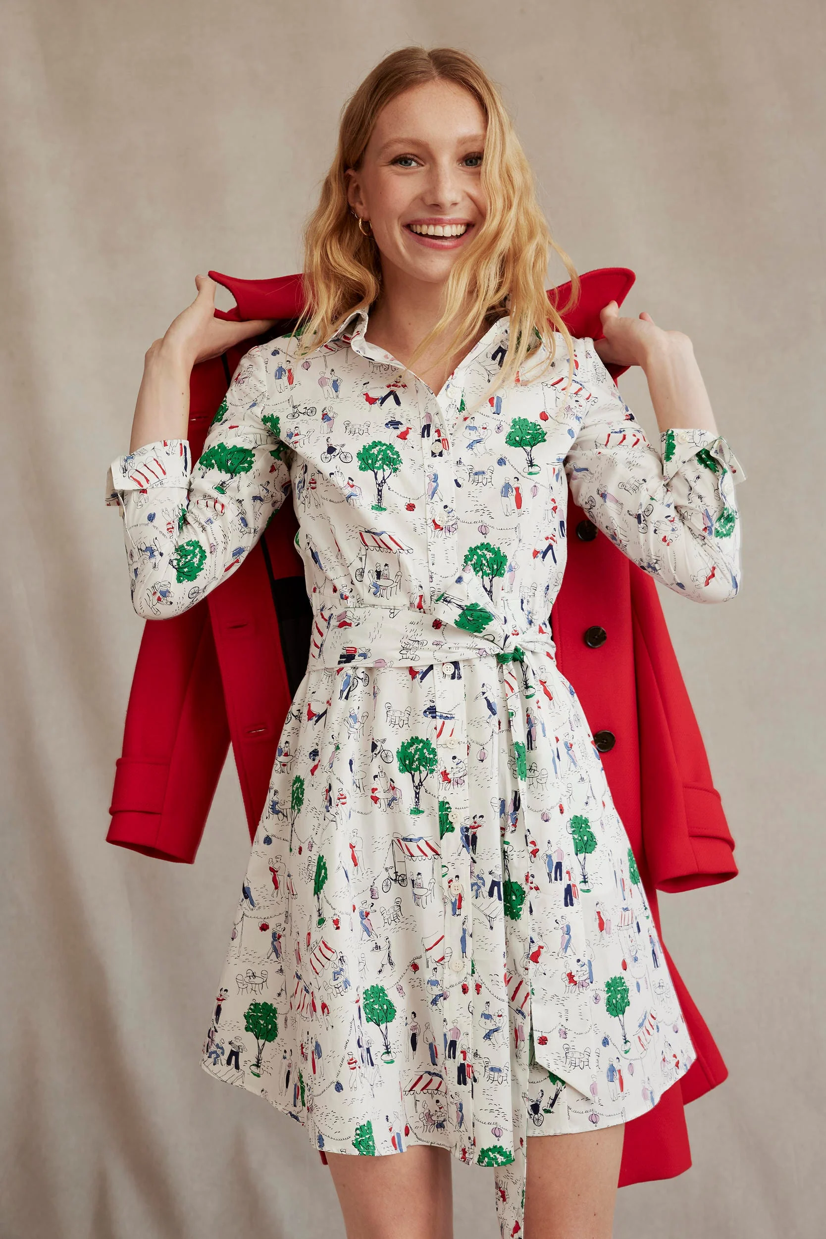 Amy Cotton Short Shirt Dress-Ivory, Paris Scene - Image 8