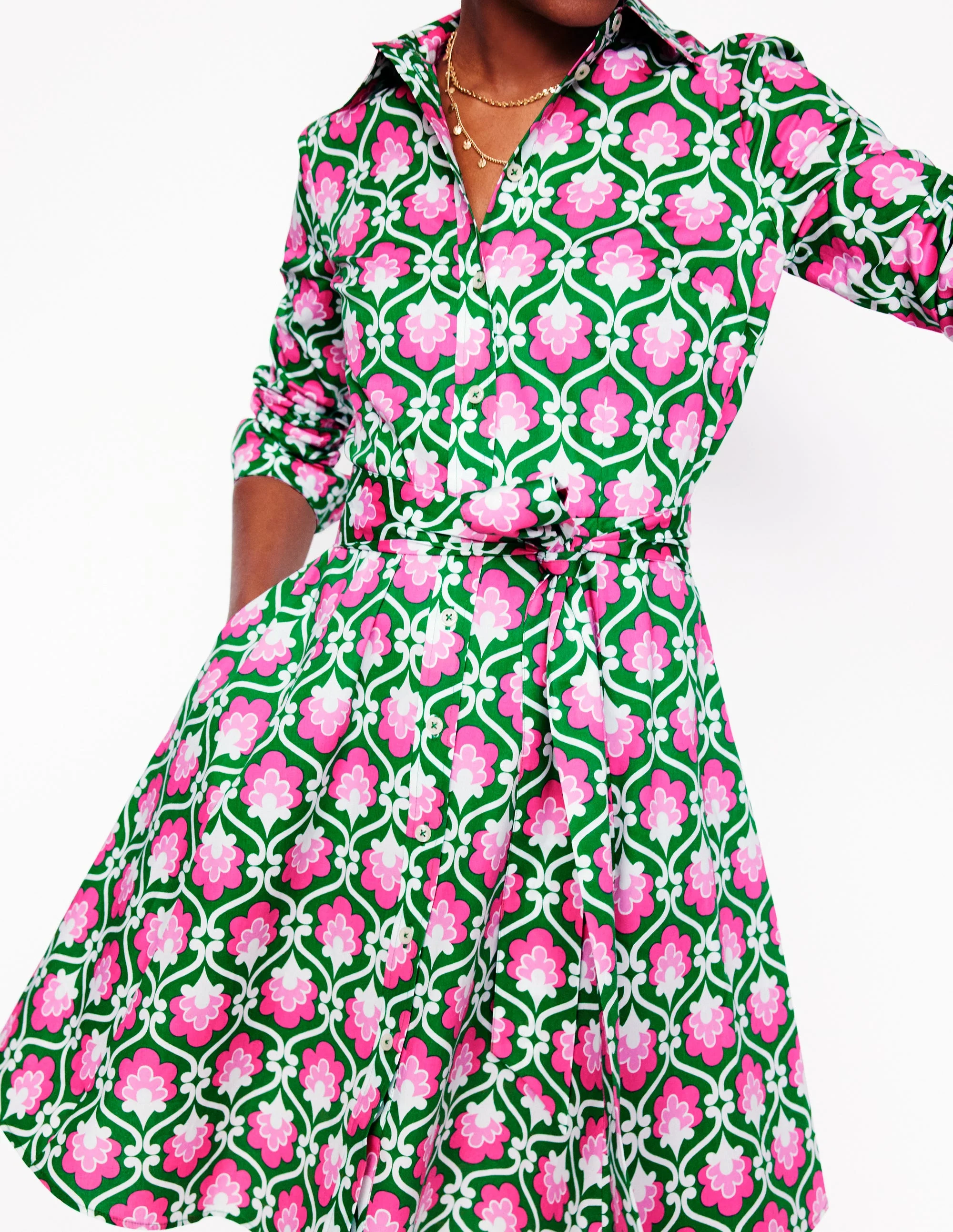 Amy Cotton Short Shirt Dress-Rich Emerald, Ivy Trellis - Image 2