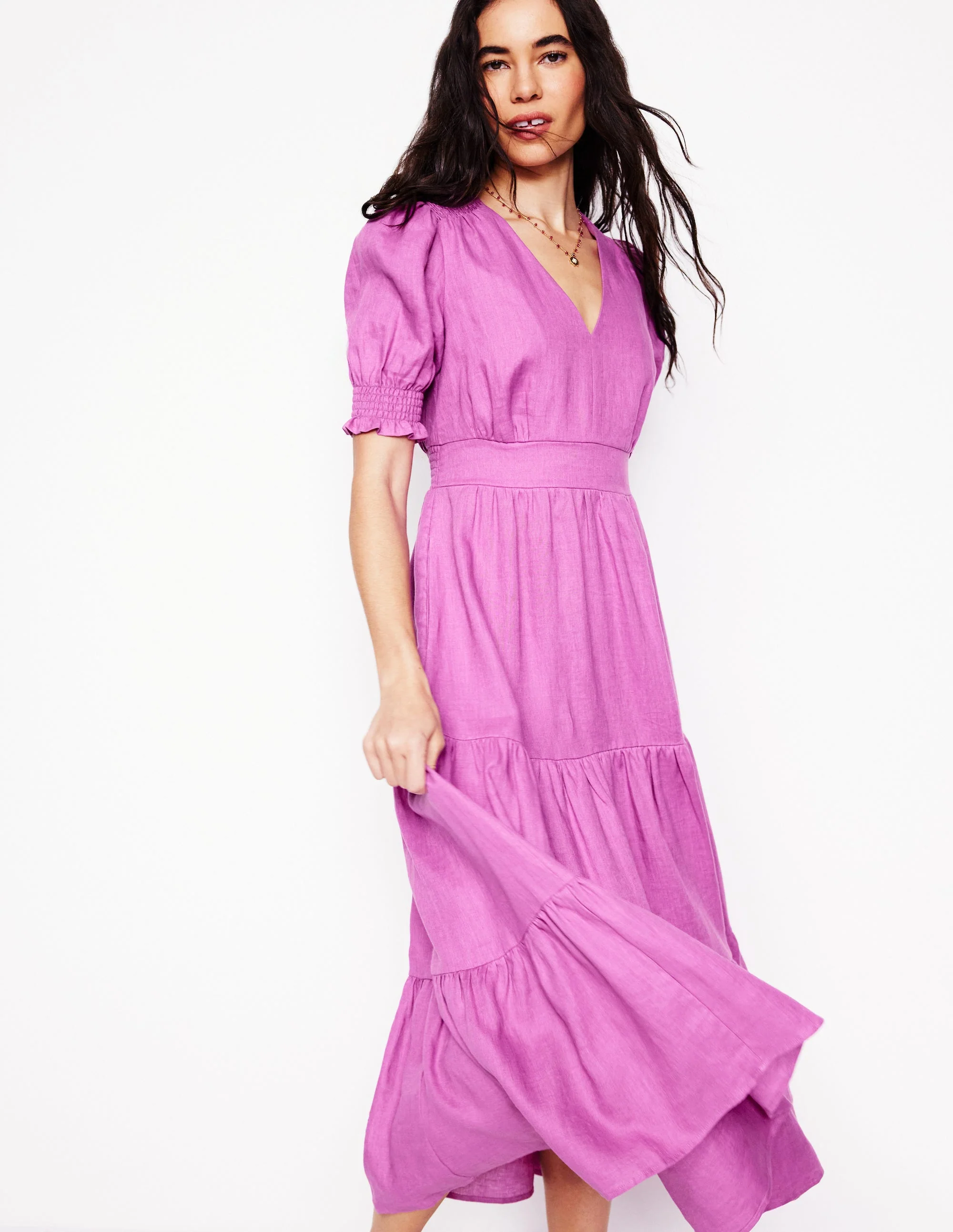 Anna Linen Tiered Midi Dress-Foxglove Purple