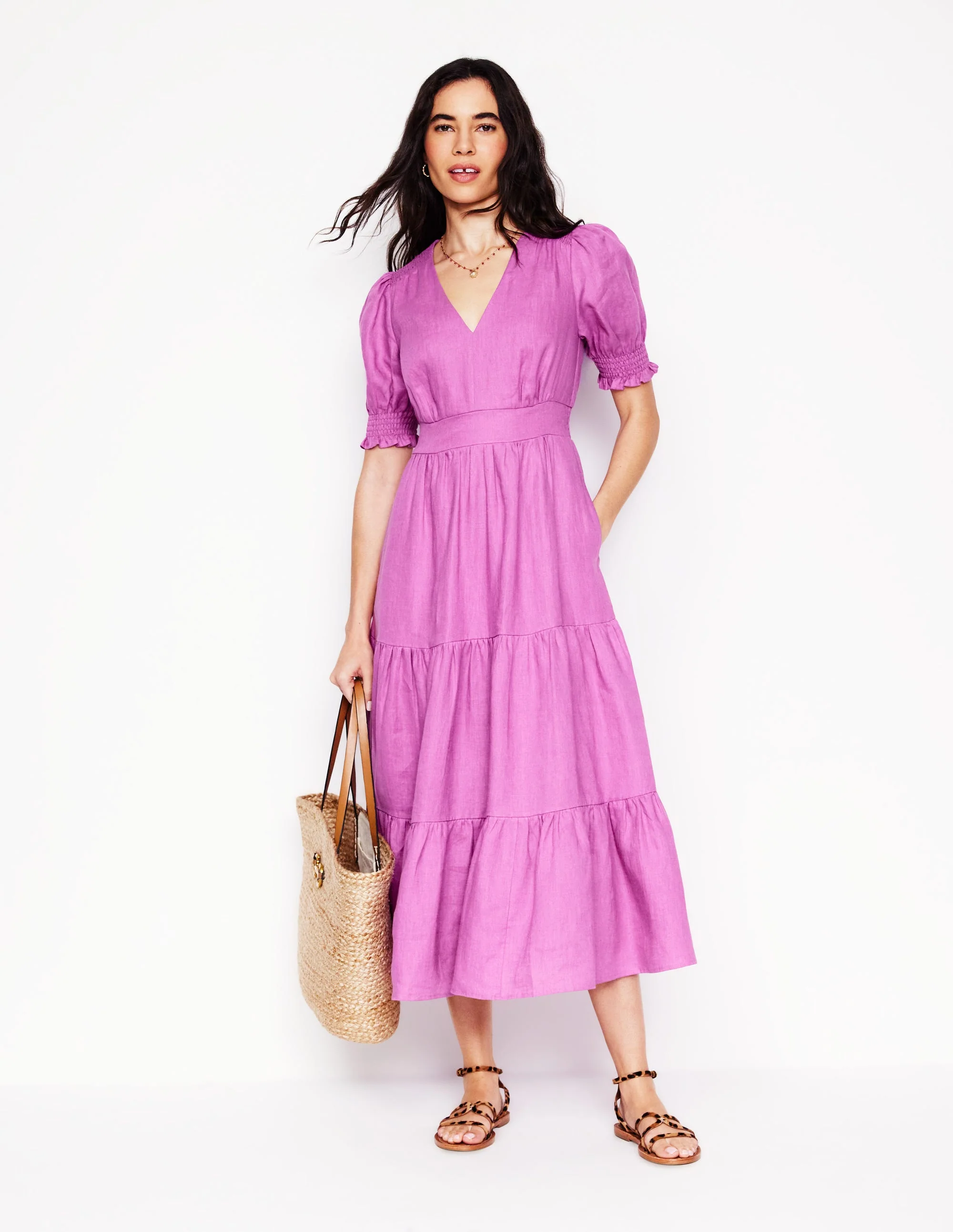 Anna Linen Tiered Midi Dress-Foxglove Purple - Image 4